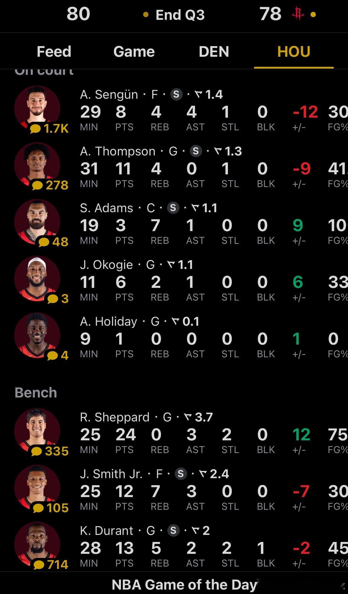 三节结束火箭78比80暂时落后两分👀申京今天进攻端太犹豫了！！！