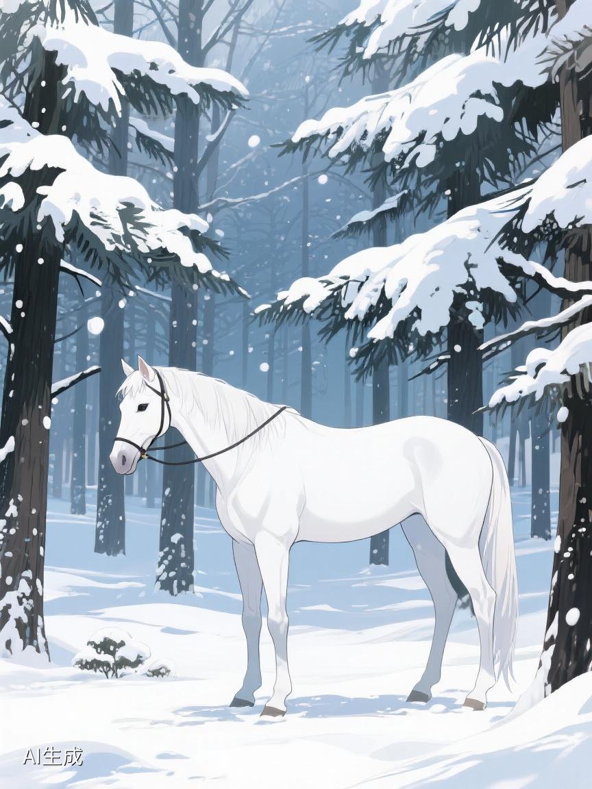 AI妙生图雪覆林间，白马静立，时光在此刻慢了下来，于静谧中思索人生的纯粹与安宁❄