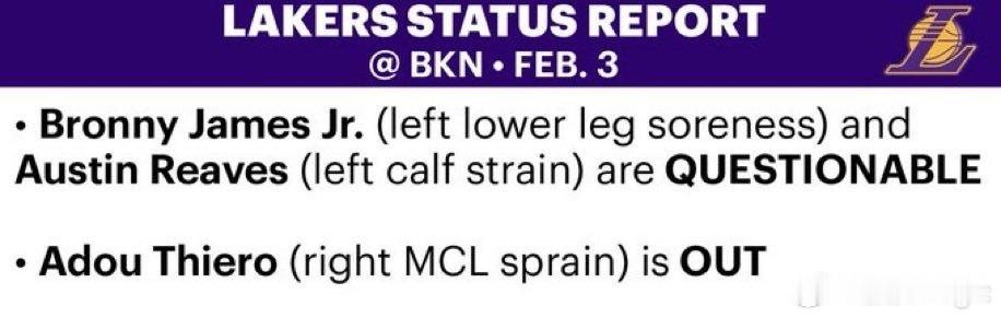 湖人明日对阵篮网伤病报告：里弗斯（左小腿拉伤）出战成疑，布朗尼（左小腿酸痛）出战