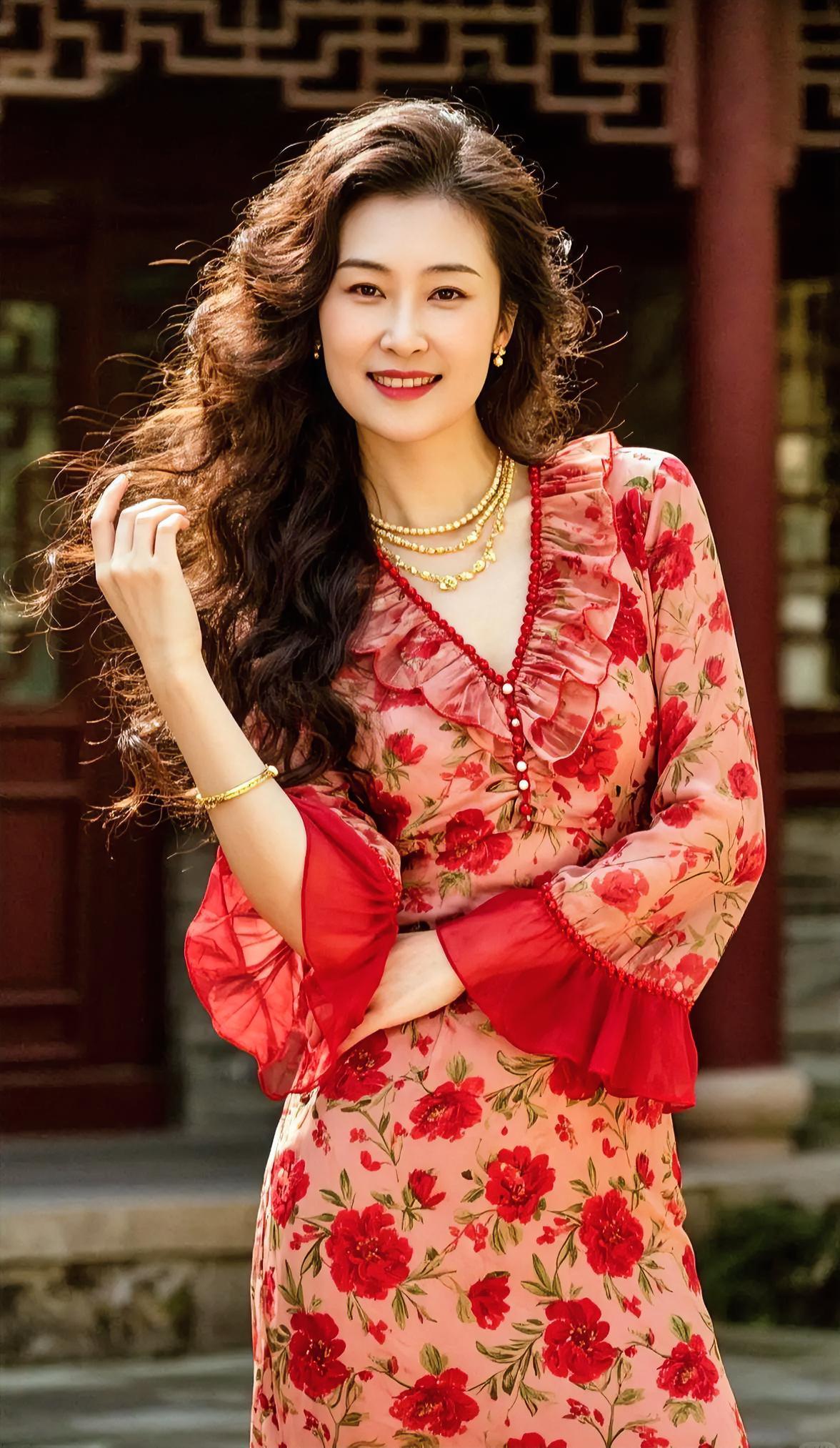 风拂卷发香，

笑意落红墙。

珠链轻轻晃，

花裙摇春光。

袖口挽流云，
