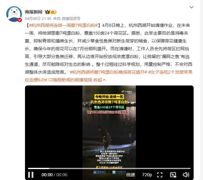 杭州西湖将连续一周撒7吨漂白粉 4月8日晚，杭州西湖清塘作业有序开展。未来一周，
