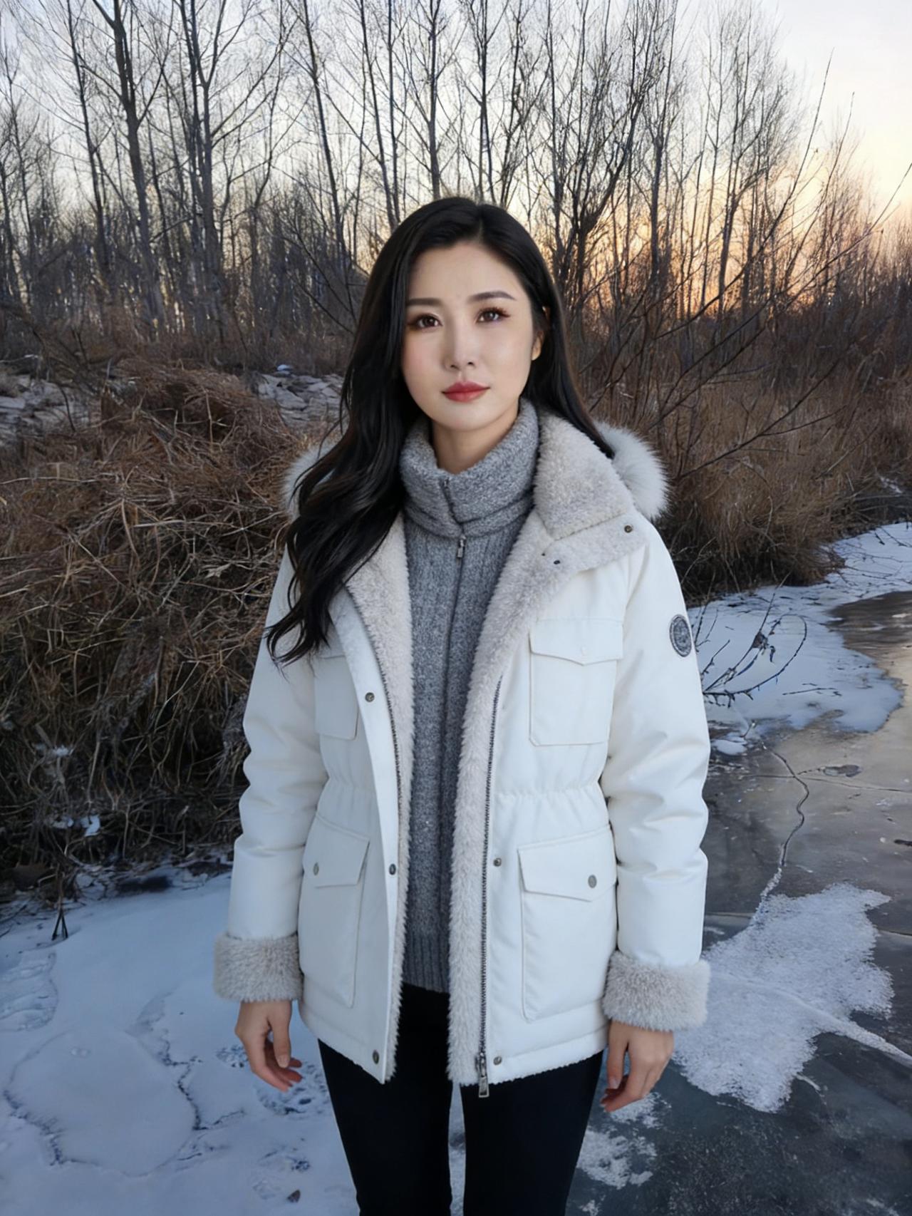 冰面反射着橙紫的暮色
你站在岸与水的分界，衣摆扫过薄雪
毛领上的绒絮沾了细碎的星