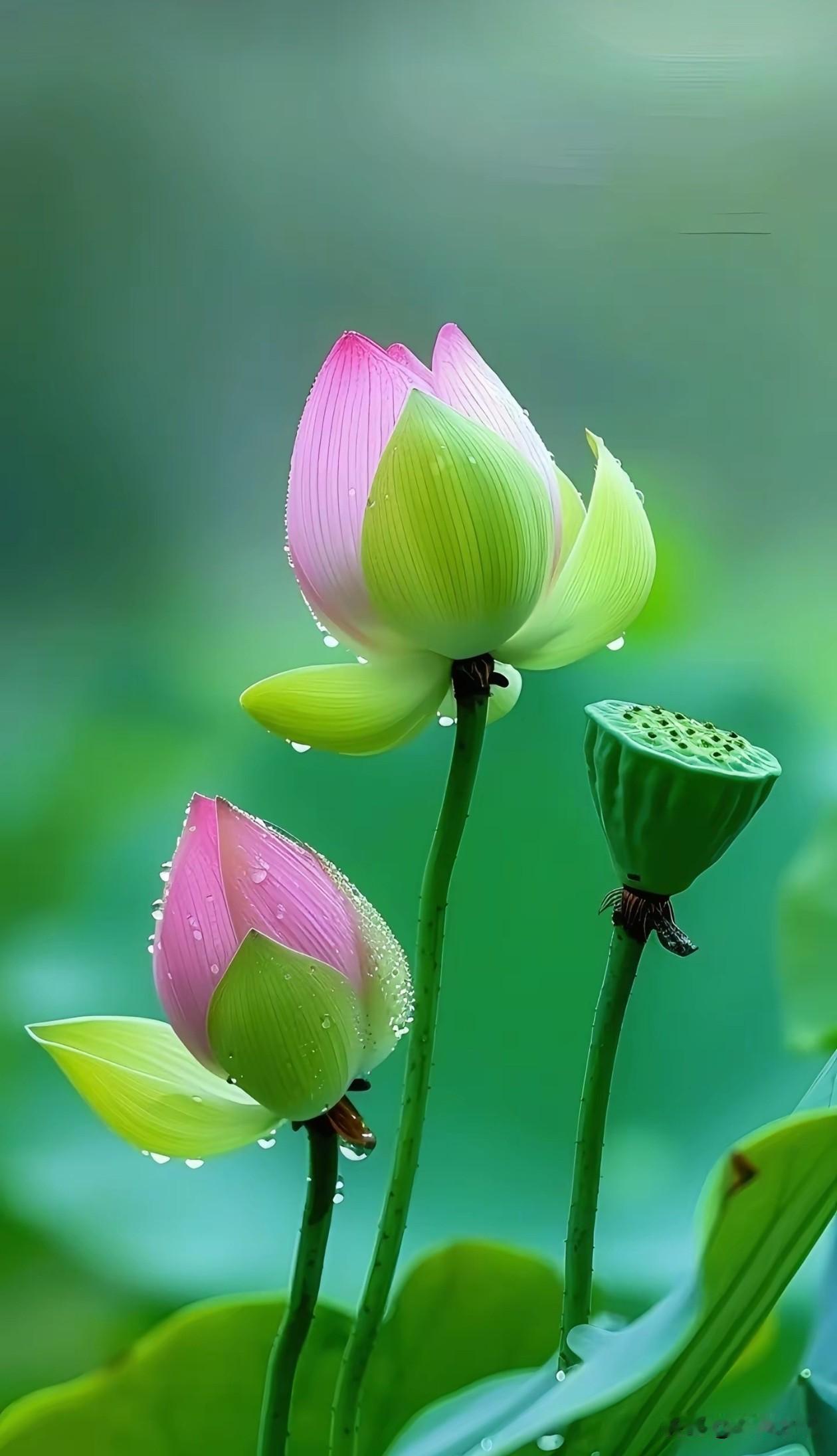 一池清绿，两枝荷苞，满身清露。
人间万般喧嚣，唯有荷花能抚平内心浮躁。
不急不躁