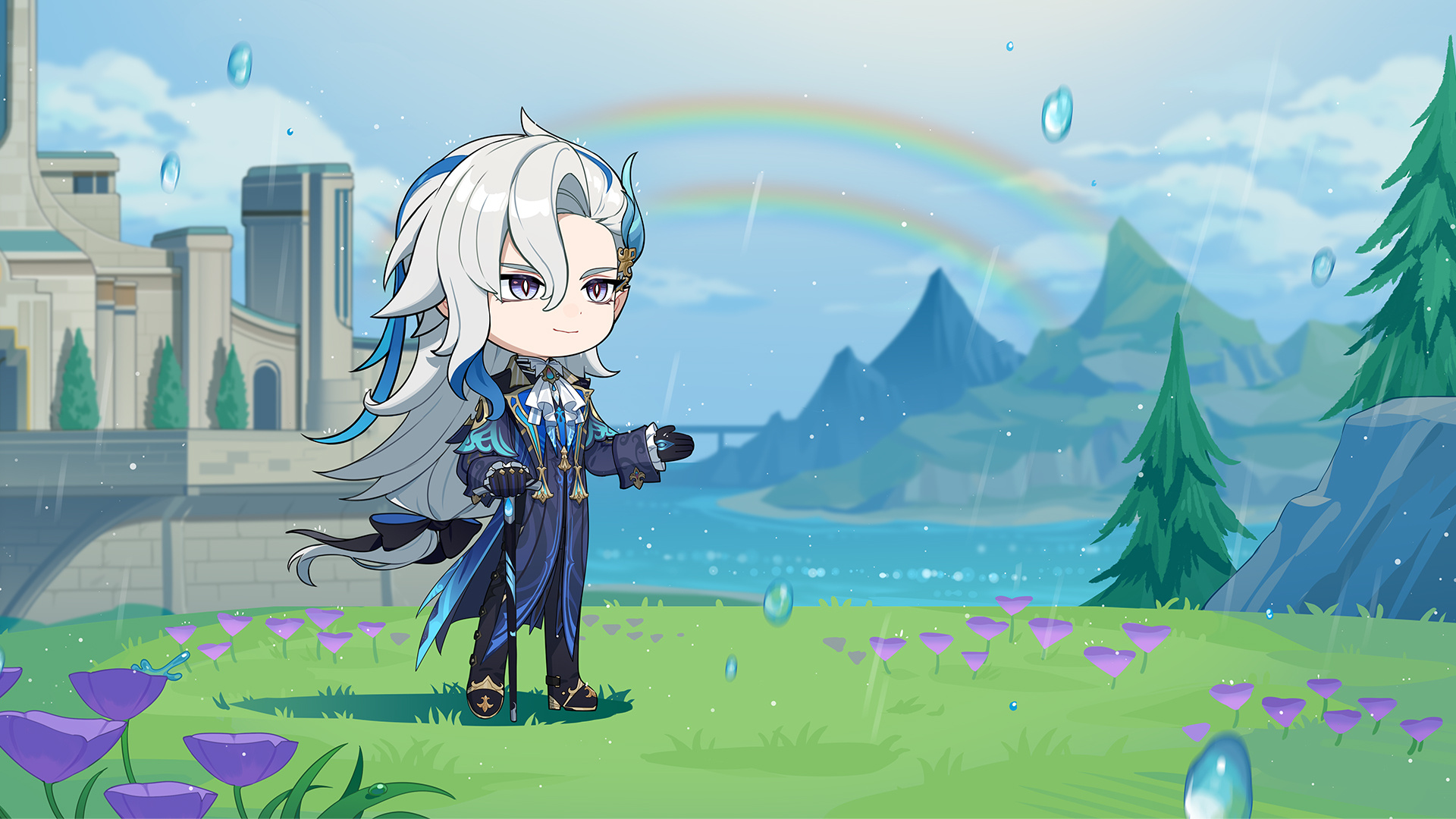 #原神[超话]# 日推派蒙发的迷你插图，那维莱特在雨中散步[我想开了]#原神4.