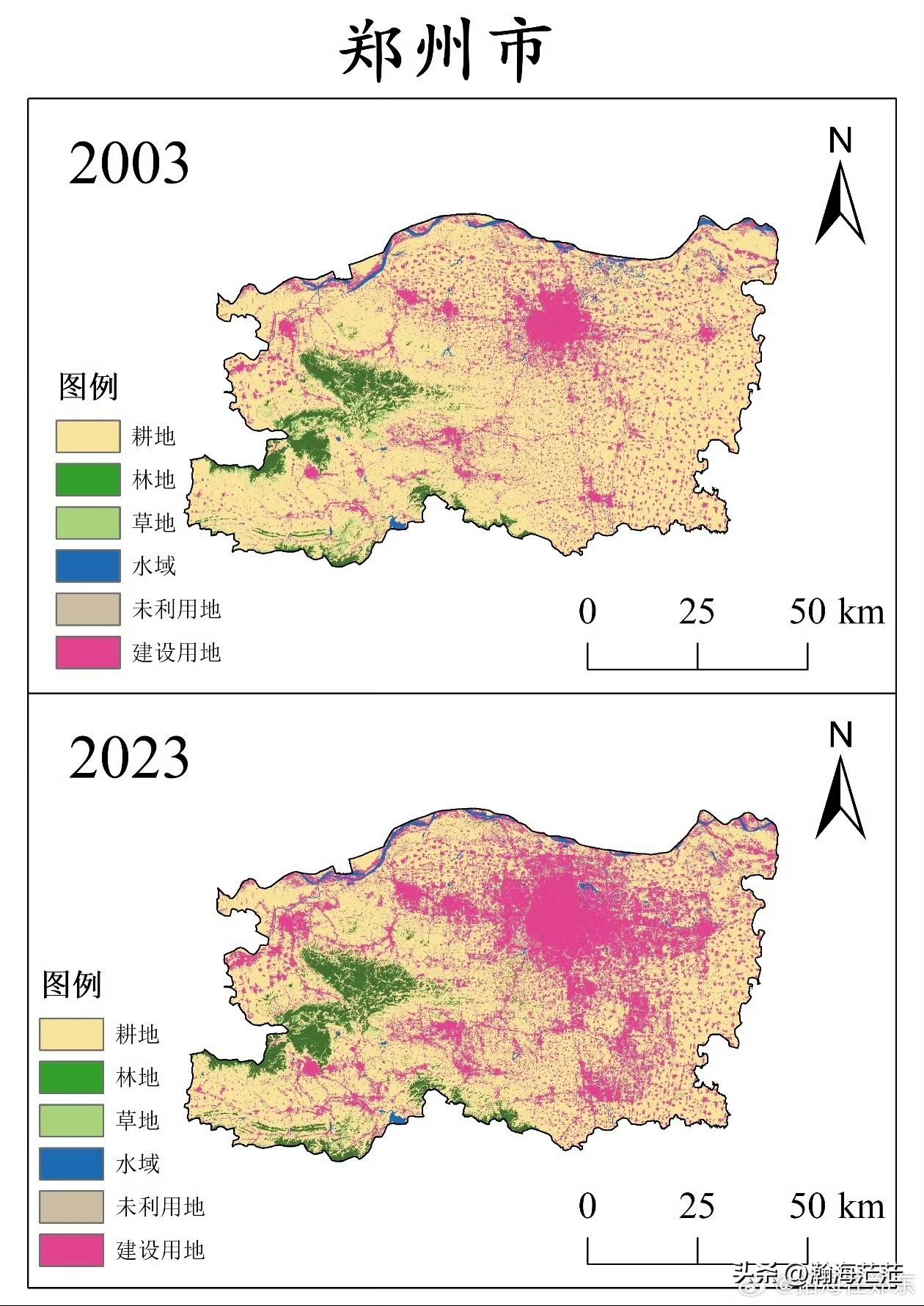 2003-2023年郑州六项用地变化情况。建设用地增加多。