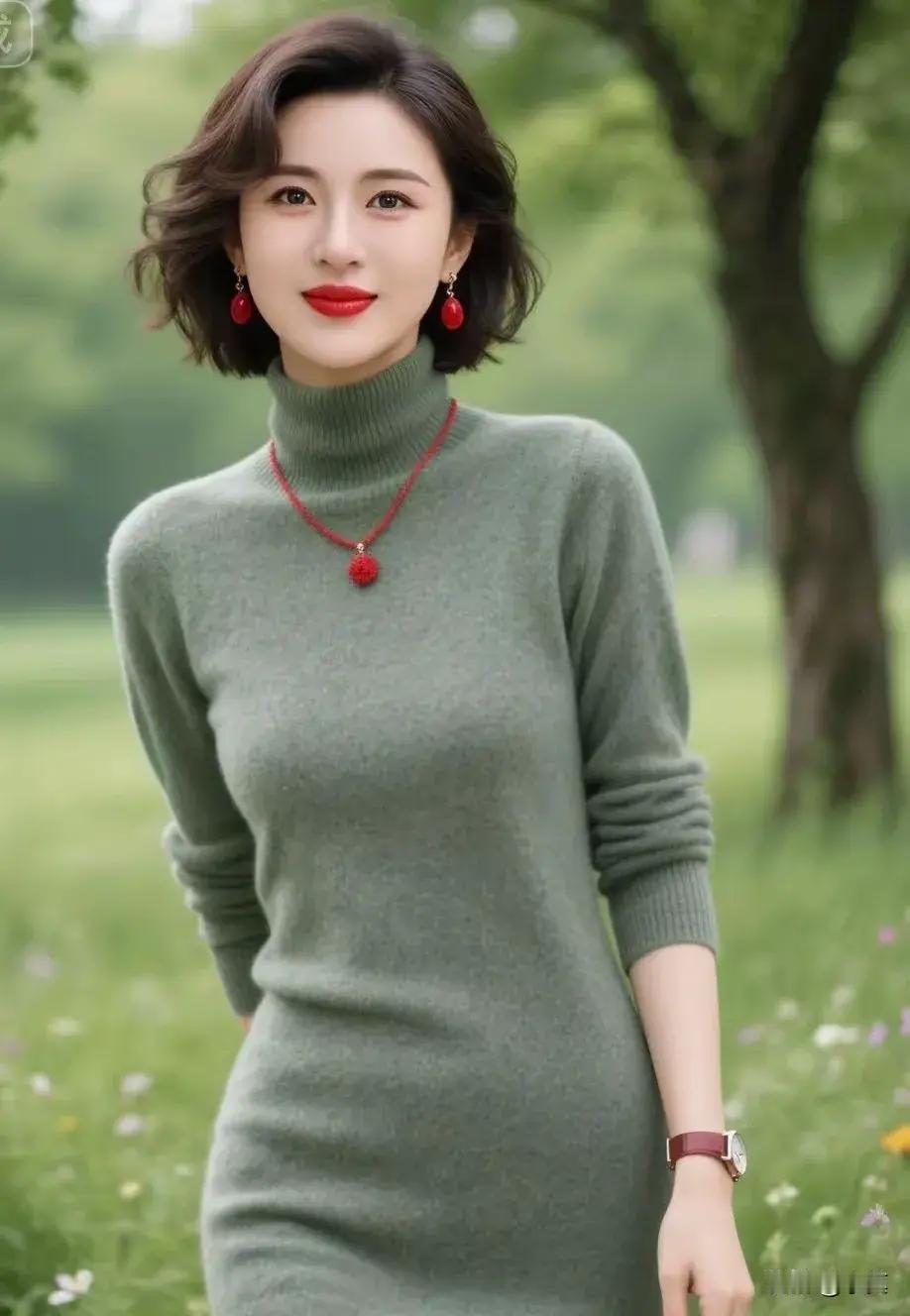 温柔绿毛衣+红色配饰，优雅气质满满！🍂💄👗