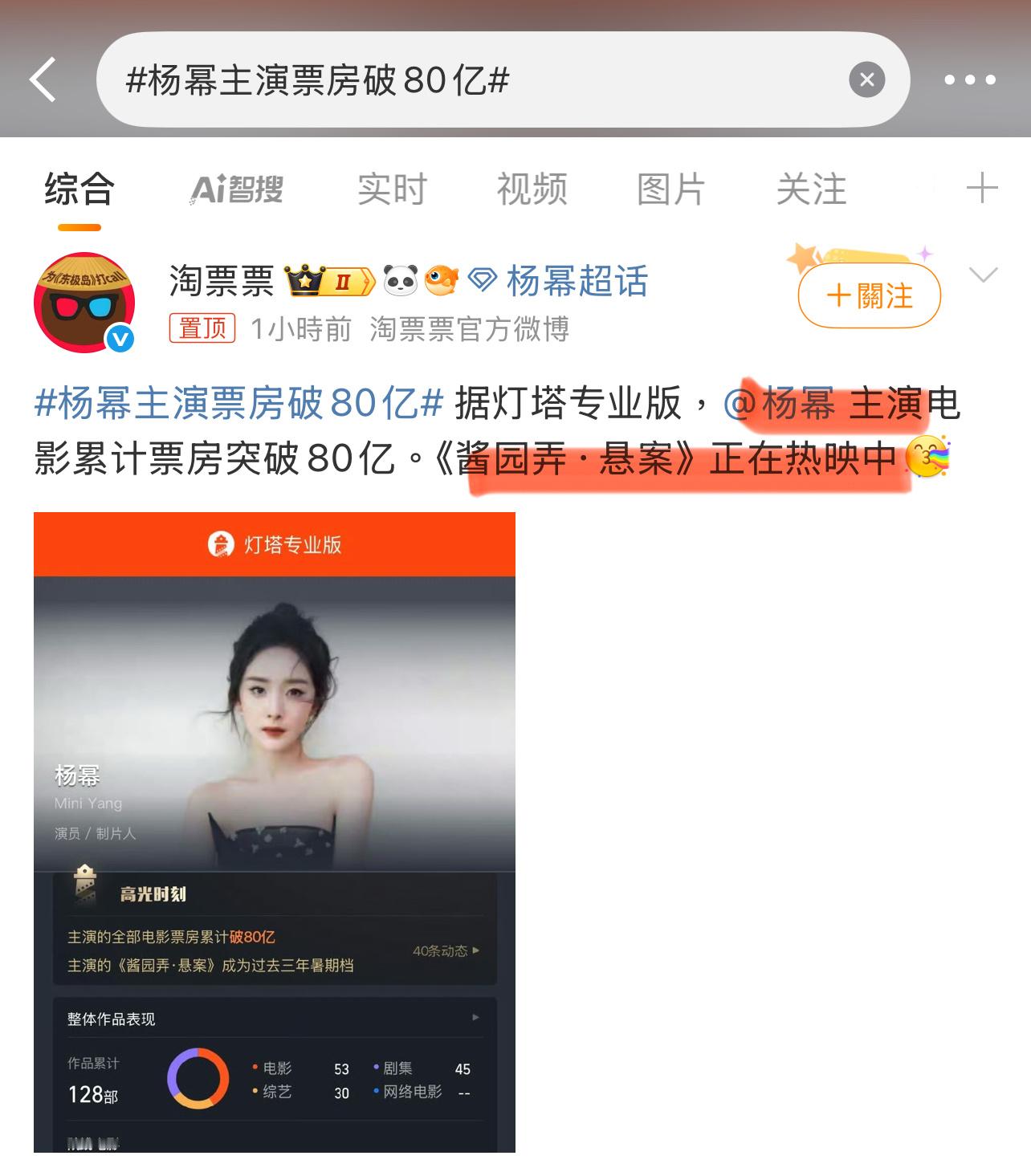 主演票房破80亿确实挺厉害了，但《酱园弄》的主演不是章子怡吗？杨幂也是主演？[思