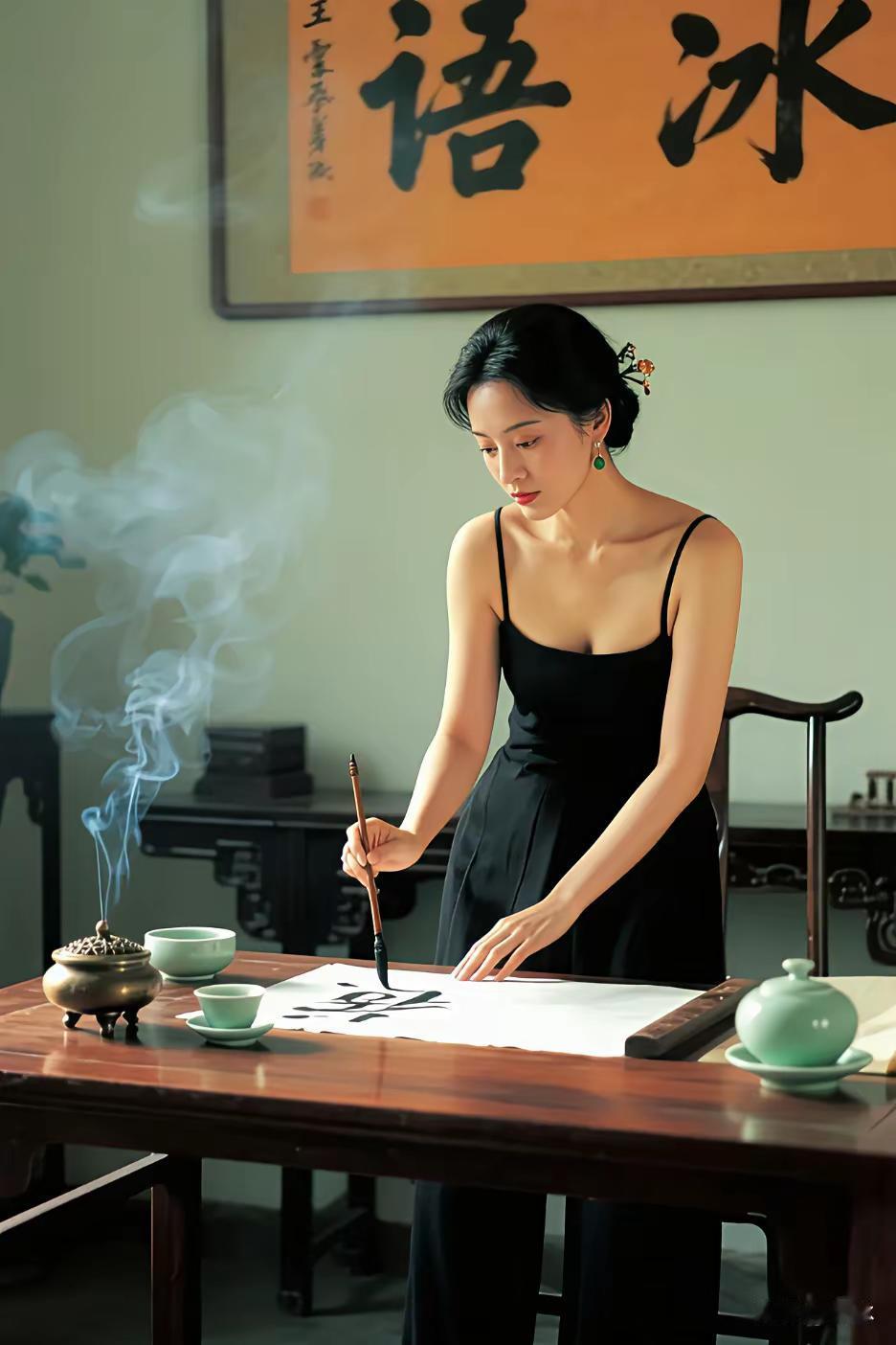 上联：笔走龙蛇舒墨韵
下联：？？
