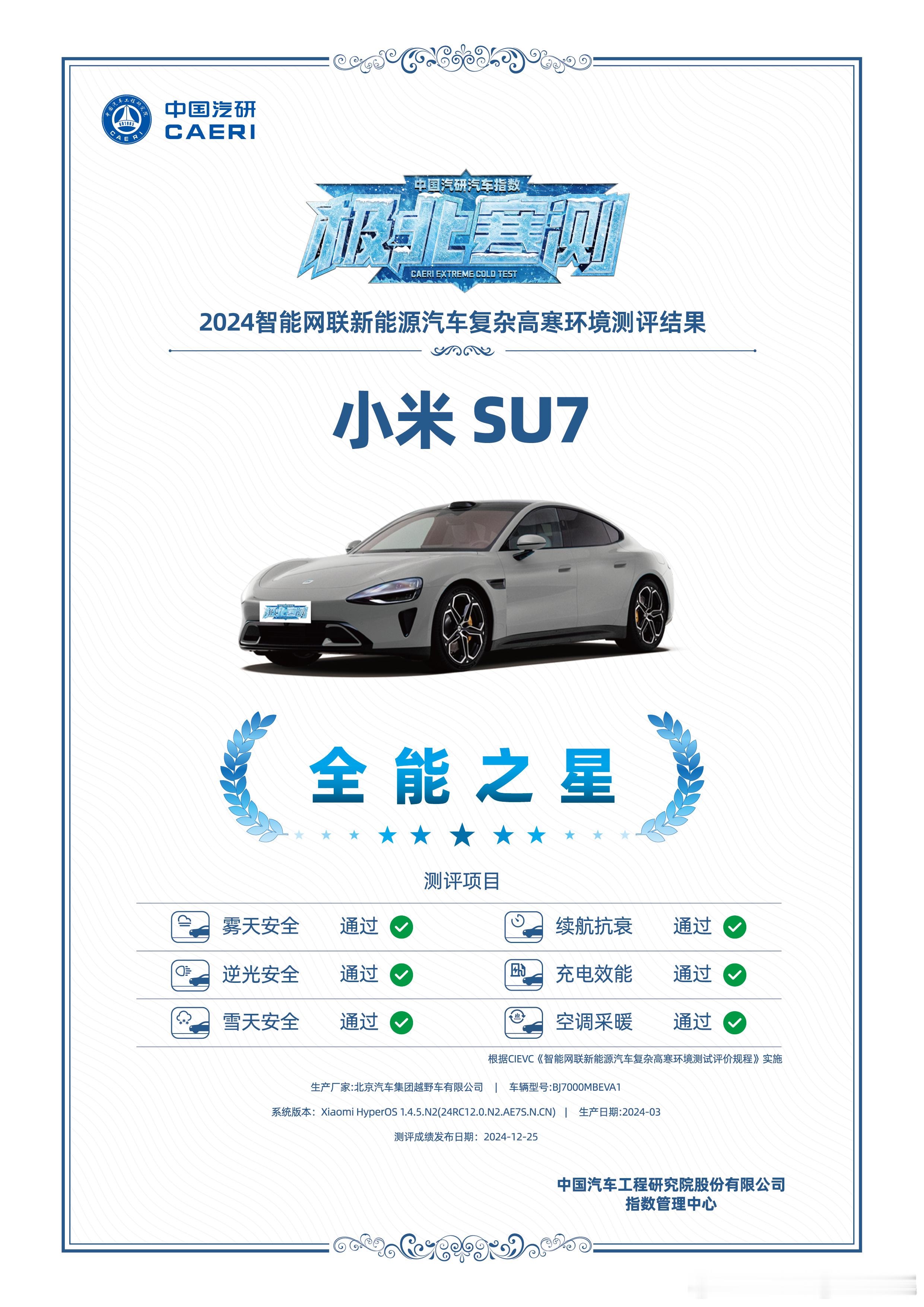 和大家汇报一下冬测新成绩：2024中国汽研 汽车极北寒测 小米SU7  被评为「