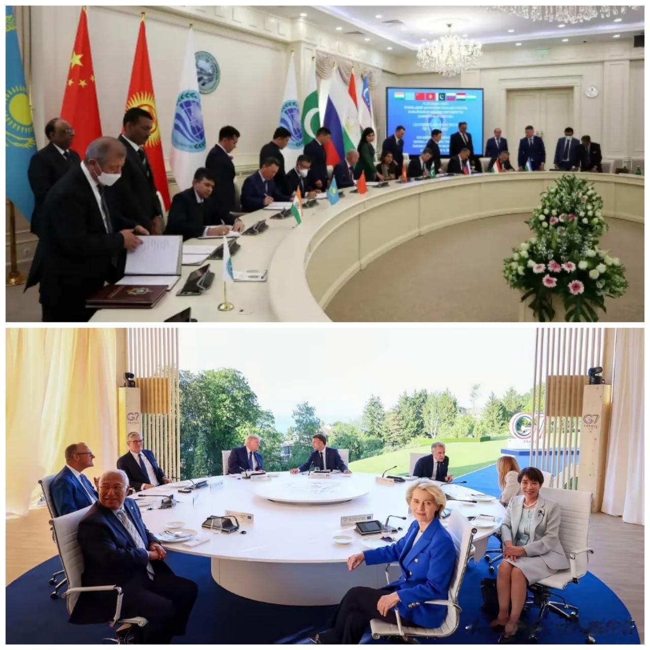 上合和G7，
一个是上桌合作，
大圈子公平公正；
一个上桌议菜，
只能小圈子议论