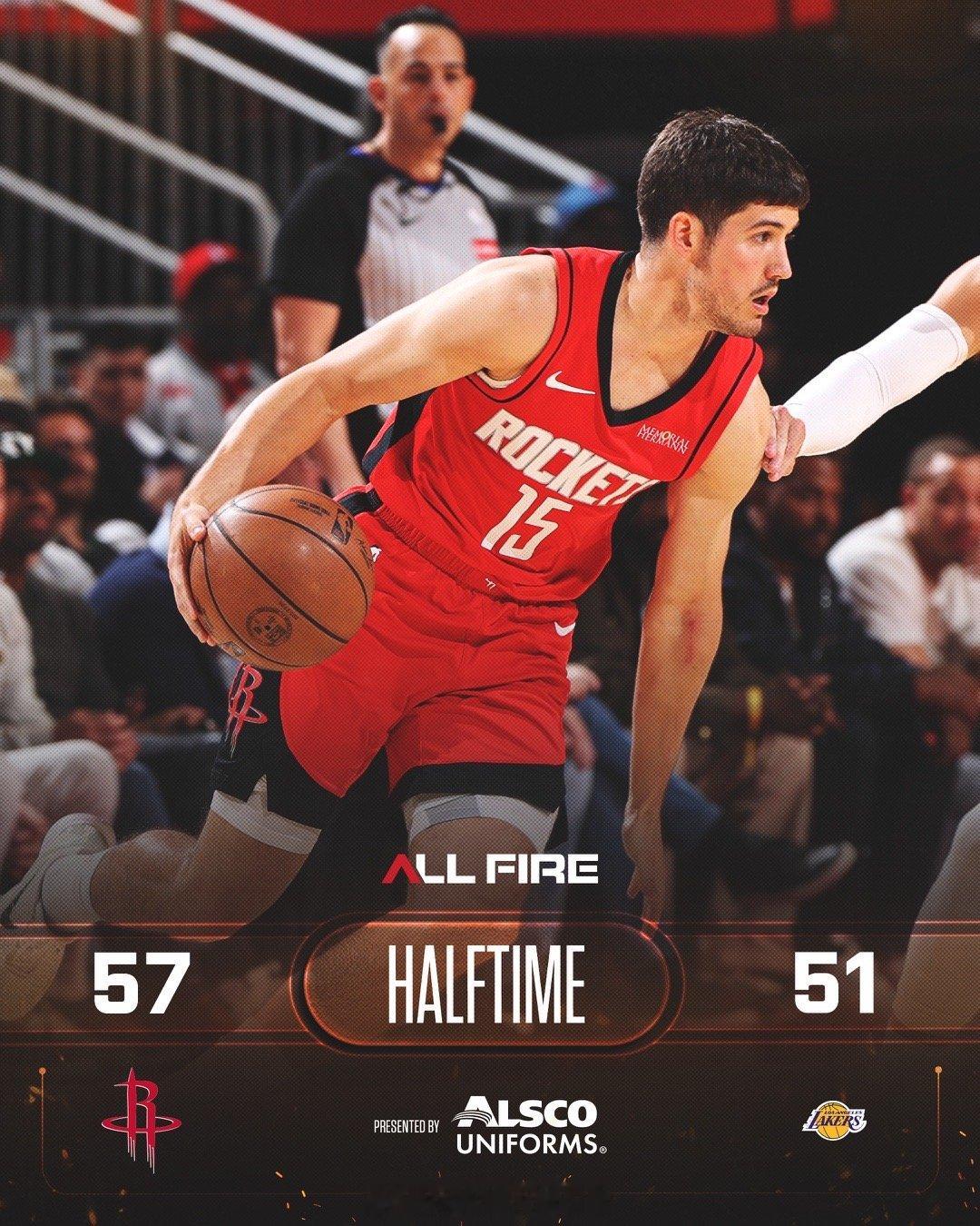 湖人vs火箭 半场结束，领先6分哈 
