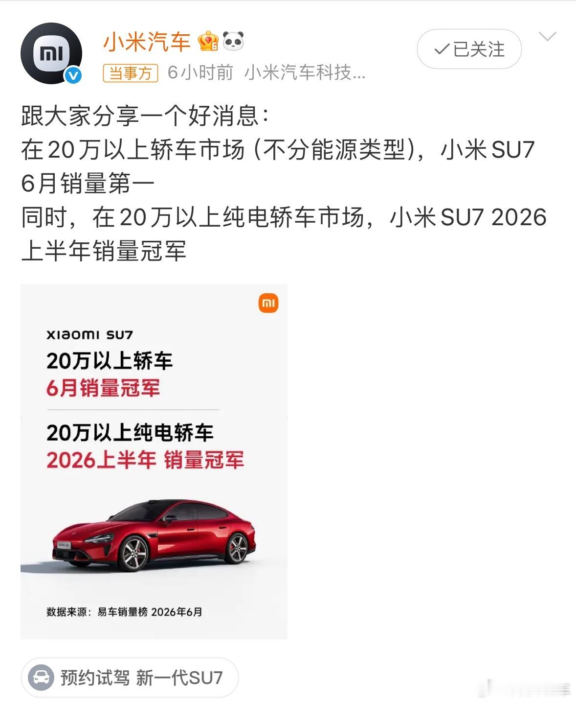 小米SU7成20万以上轿车6月销量第一回想小米刚开始造车时候的网络环境，再看现在