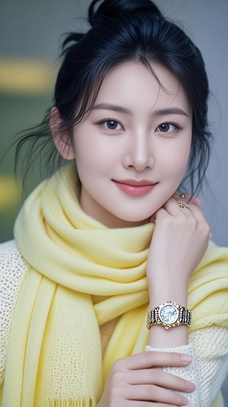 冬日暖阳下，温柔笑容绽放的她，黄色围巾与白色毛衣相得益彰，尽显优雅与甜美。