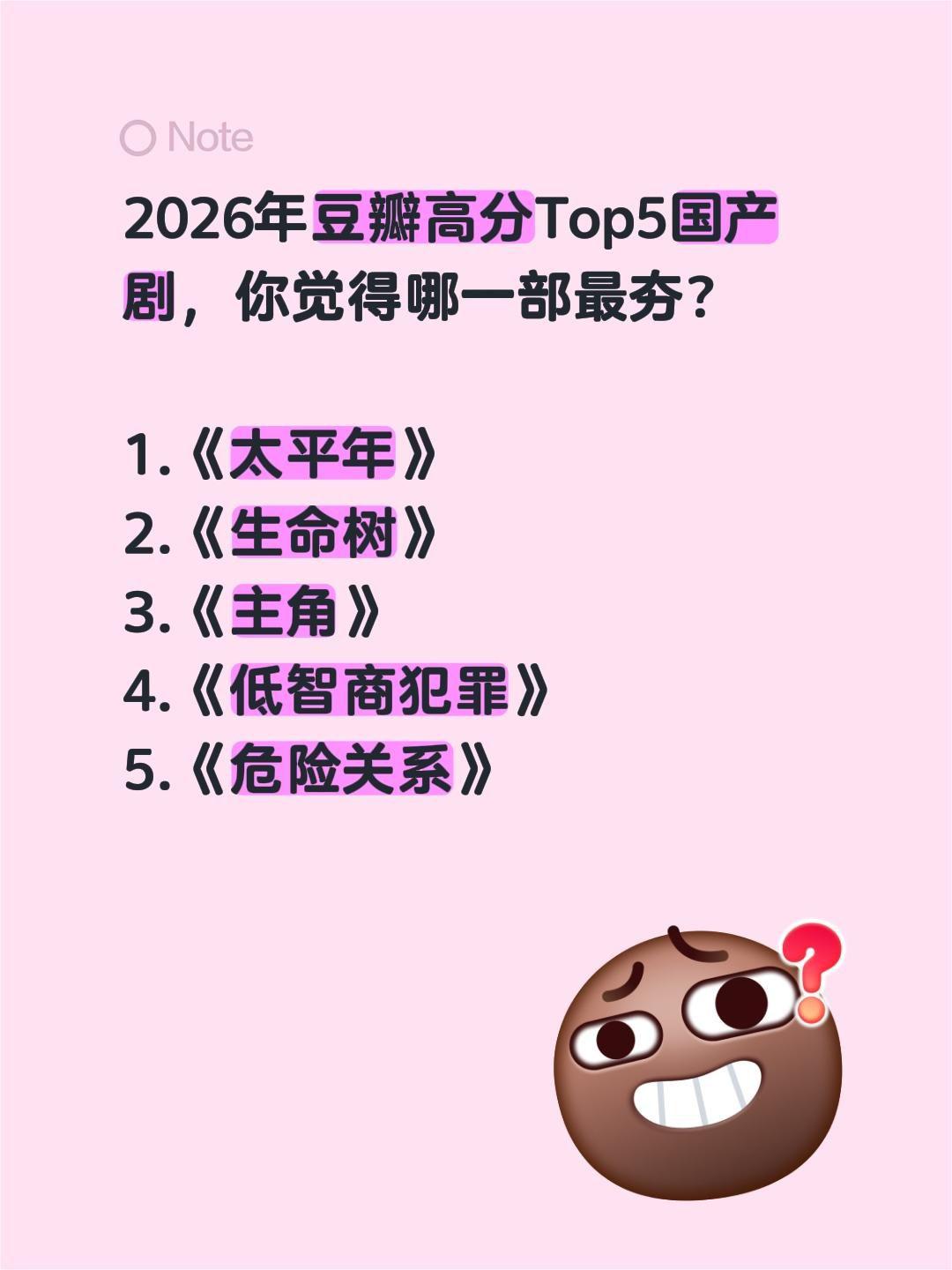 2026年豆瓣高分Top5国产剧，你觉得哪一部最夯？

1.《太平年》
2.《生