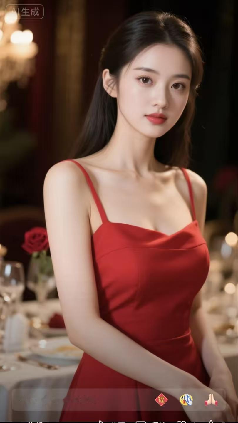 山坡羊·晚宴佳人
烛光摇漾，
红裙轻荡，
佳人似朵玫瑰放。
吊带彰，锁痕藏。
红