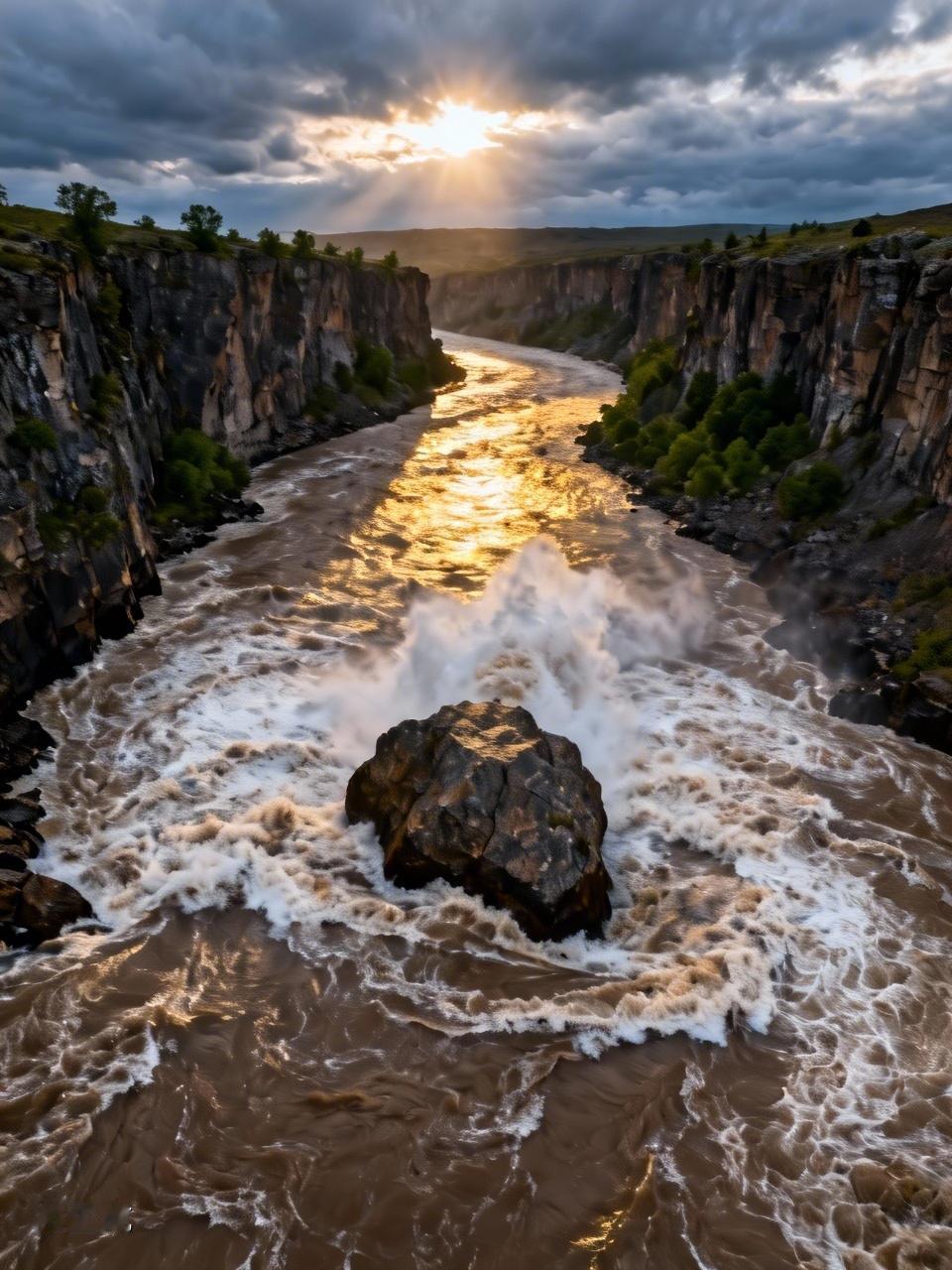 AI妙生图山洪冲出千里河。
