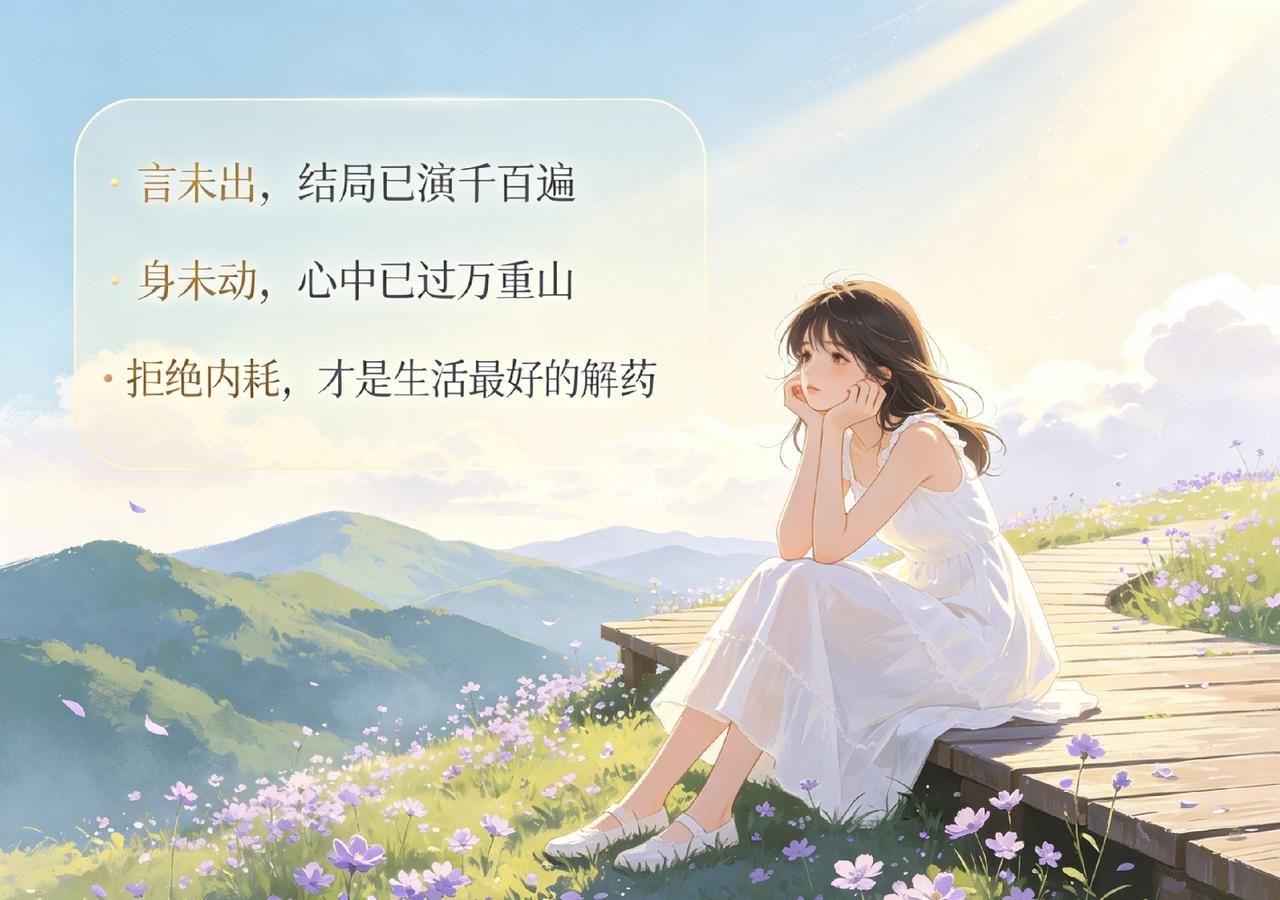 今天学到的金句言未出，结局已演千百遍，身未动，心中已过万重山。拒绝内耗，才是生活