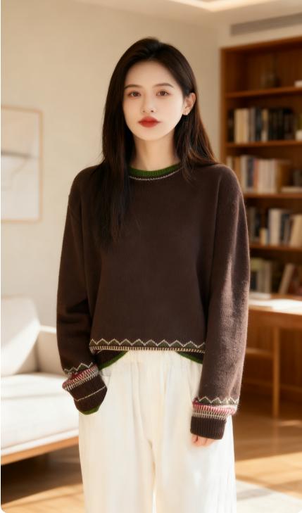 提花羊毛针织衫女 秋冬加厚保暖打底衫