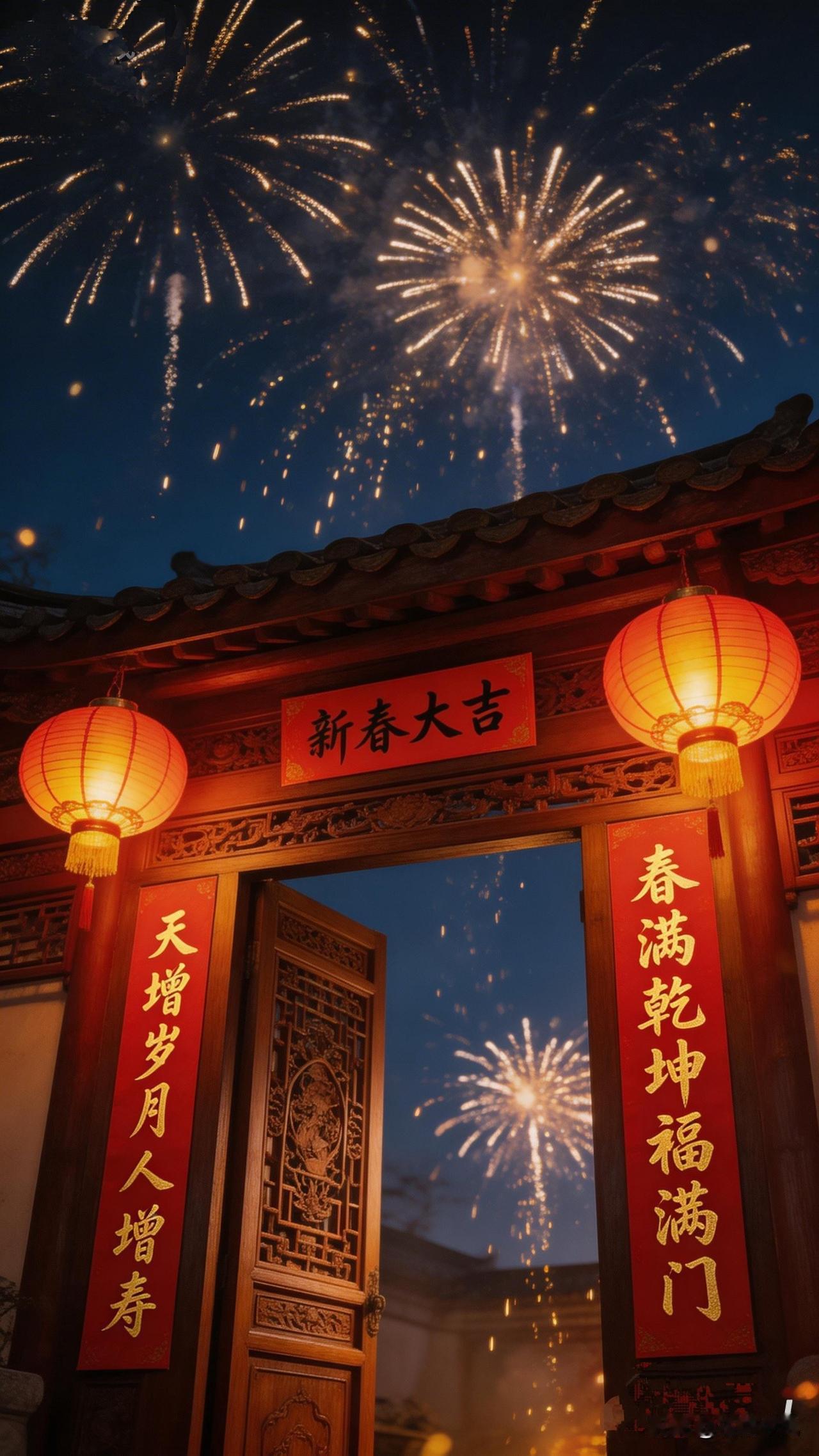 《恭迎财神》
爆竹声喧震碧霄，
门悬红纸迓金招。
五路神临赐洪福，
八方财聚涌春
