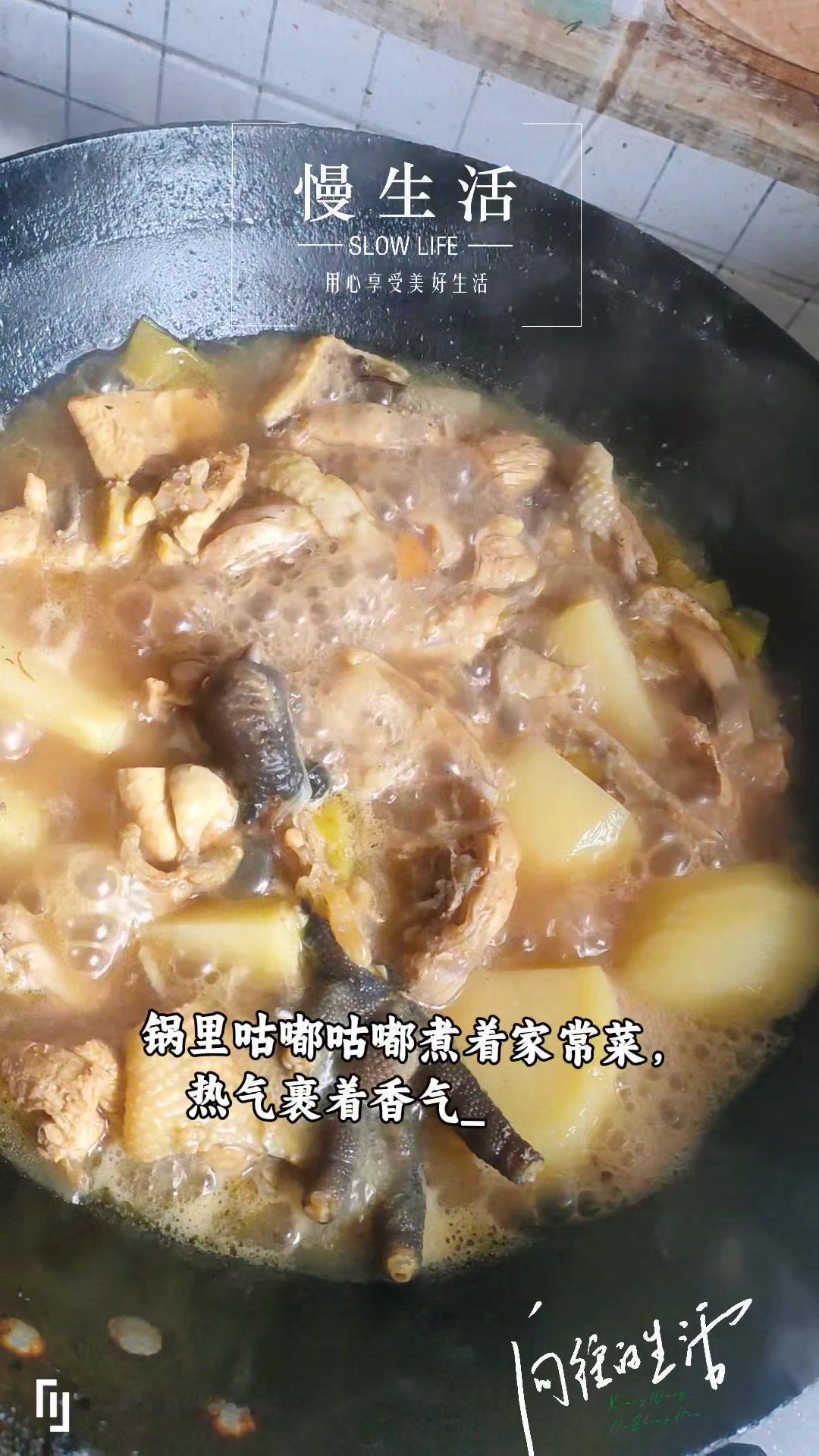 锅里咕嘟咕嘟煮着家常菜，热气裹着香气漫出来，这就是家的味道呀。鸡肉炖得软烂入味，