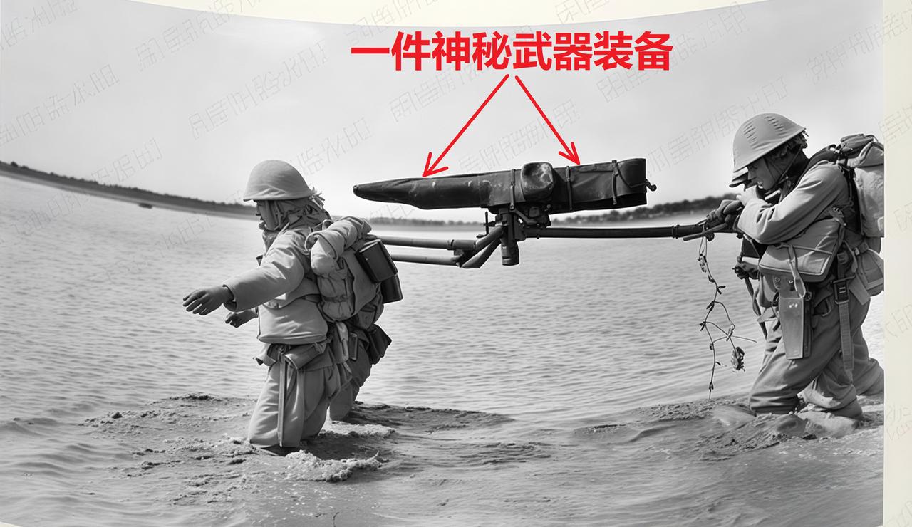 1937，河北廊坊一带日军扛着器械渡过永定河。照片上4个日军士兵正在扛着一件神秘