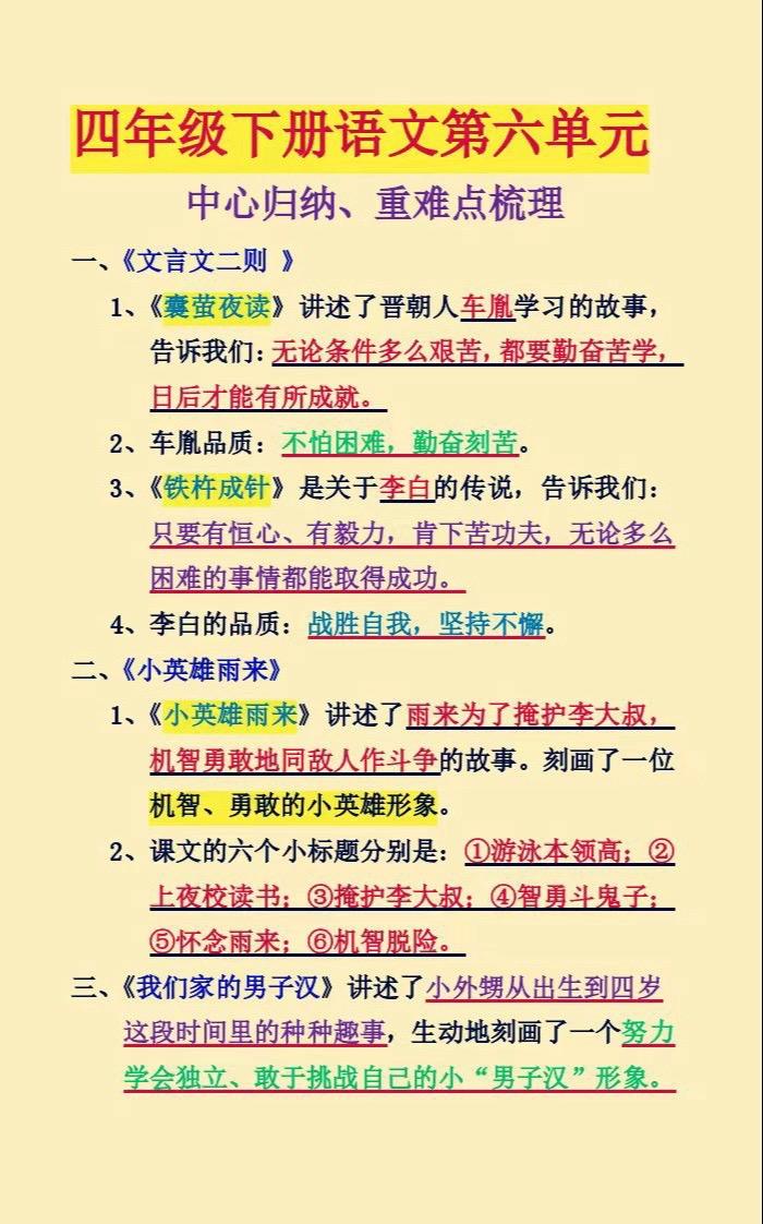 下册语文第六单元中心归纳，重点归纳