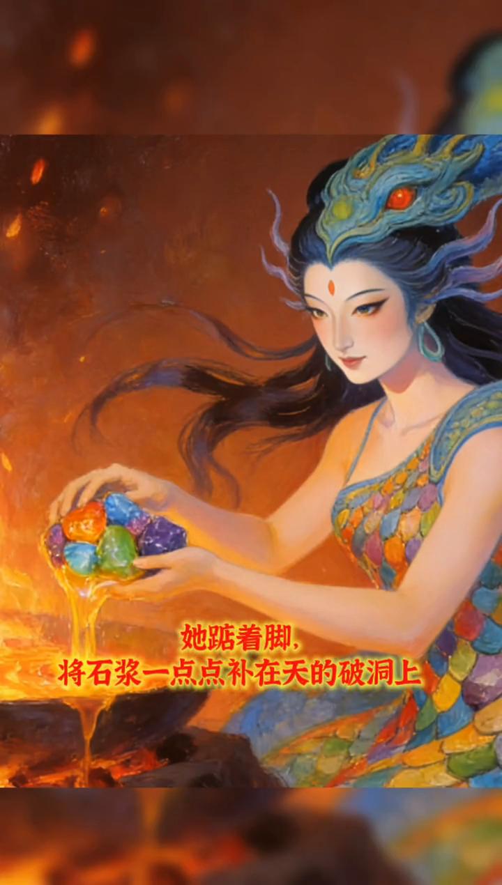 女娲补天。
远古的时候天破了一个大洞，洪水肆虐，烈火熊熊，百姓苦不堪言。女娲看着