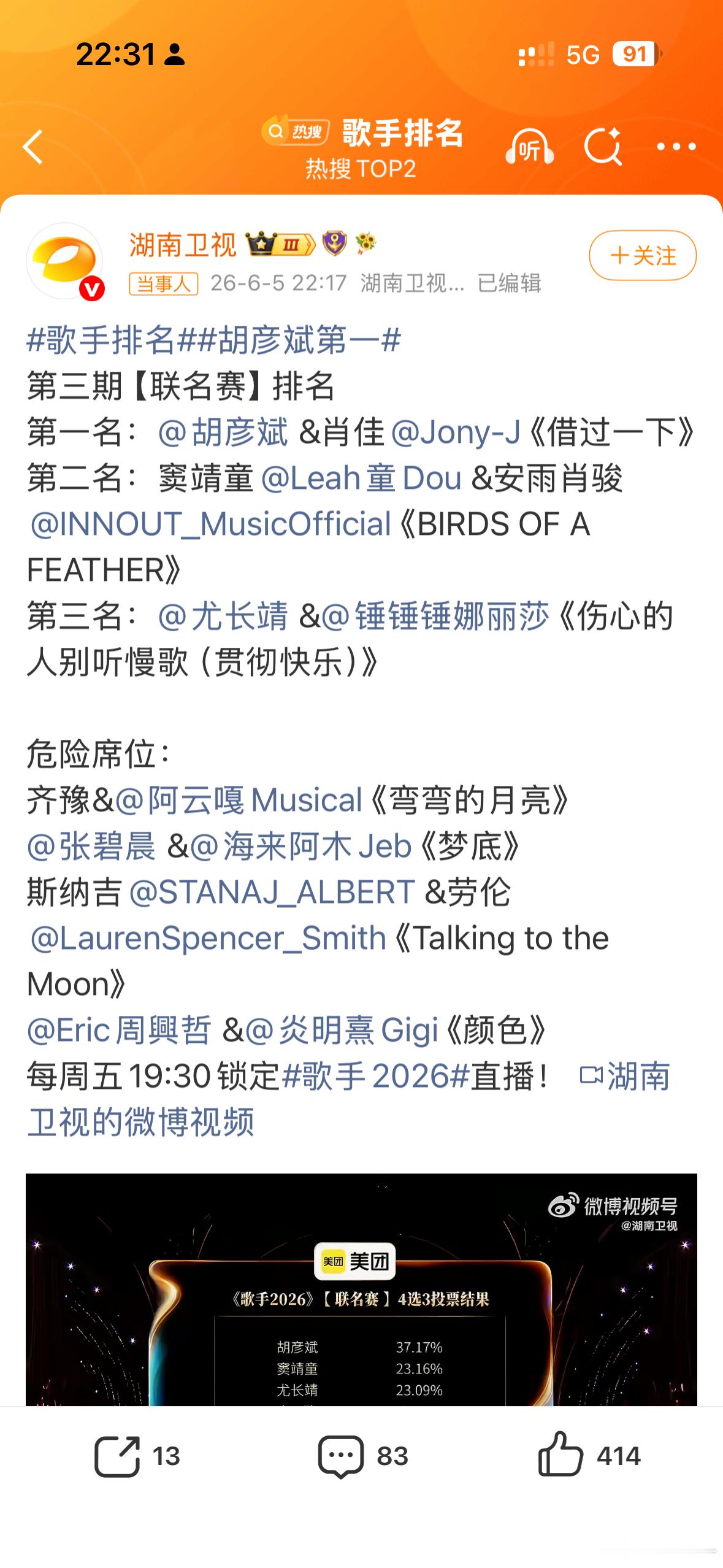 歌手排名我就看看不说话，因为没话说 