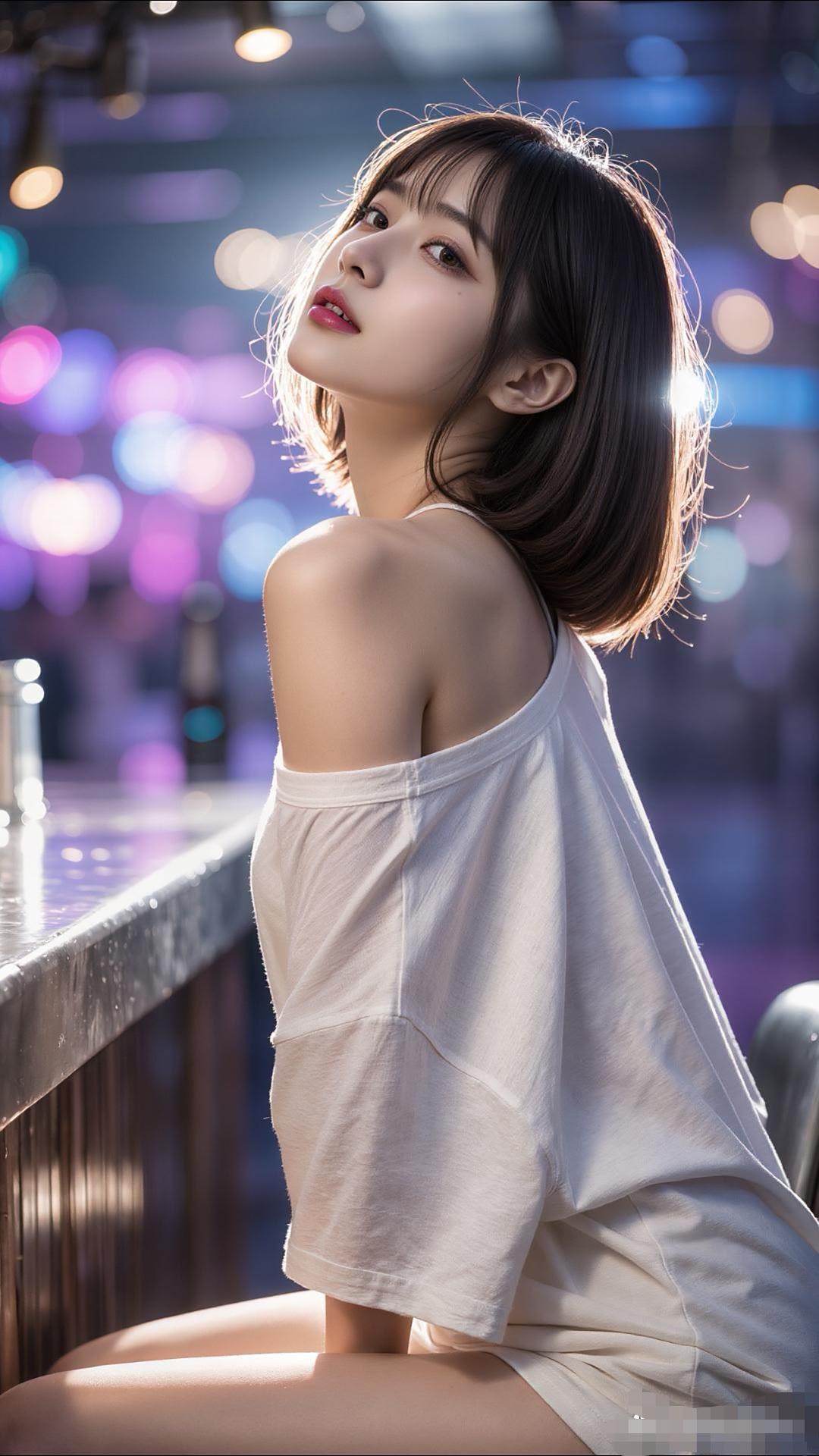 夜晚酒吧里的迷人少女，灯光下的温柔侧颜