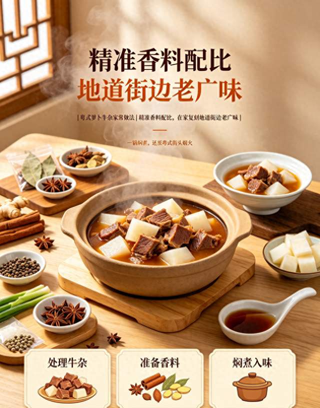 粤式萝卜牛杂家常做法｜精准香料配比，在家复刻地道街边老广味
