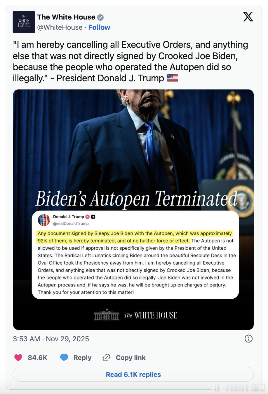 特朗普宣布拜登时期文件全部作废上一任的文件全部作废一个文件从议题到上会到投票再到