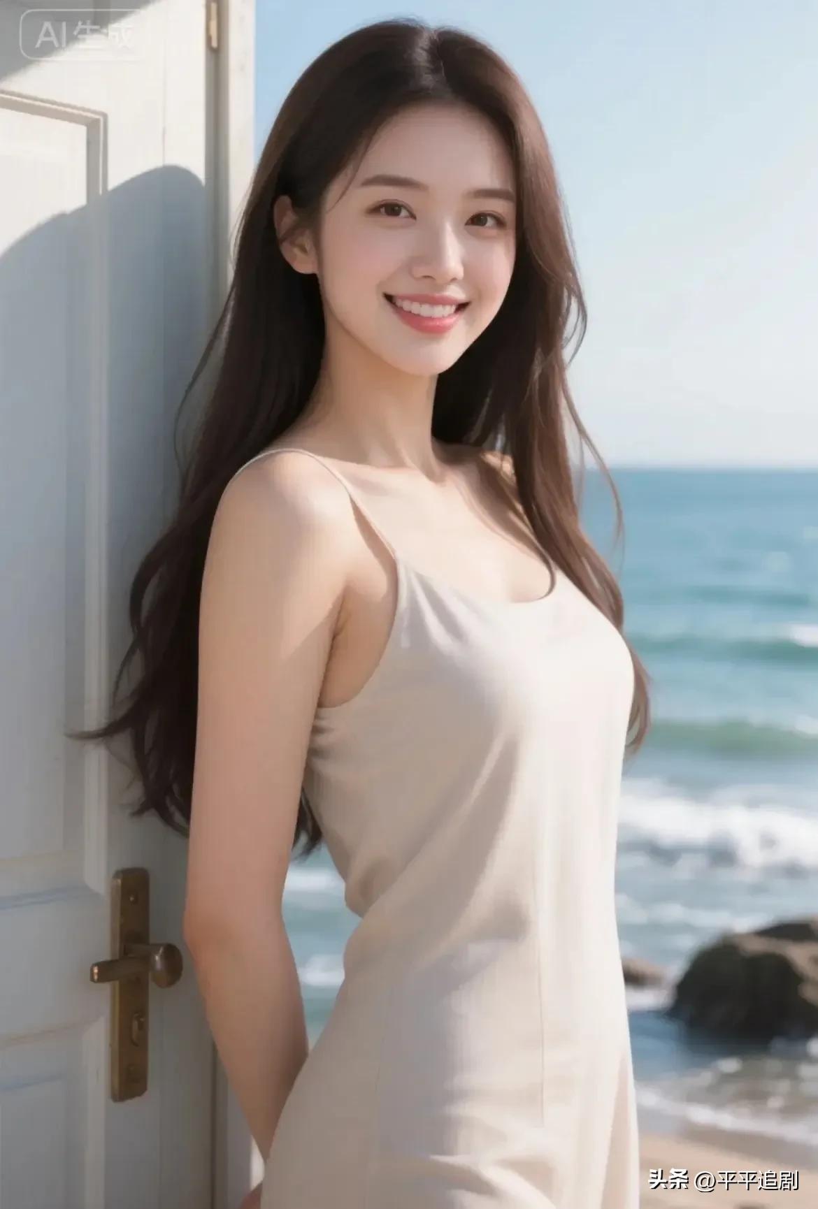 海风漫过发梢，素色吊带裙衬出温柔，在门与海的交界里藏着松弛的惬意。