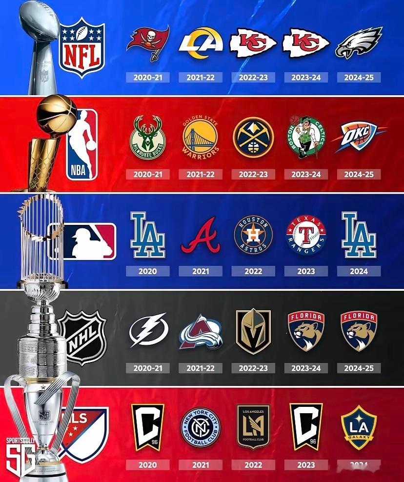美国五大体育联盟过去五年冠军合集！ 