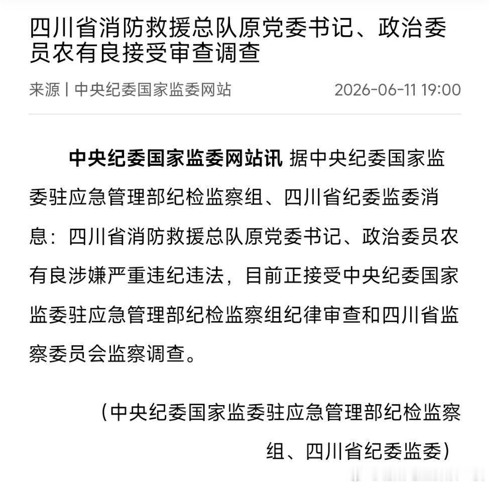四川省消防救援总队原党委书记、政治委员农有良接受审查调查。 