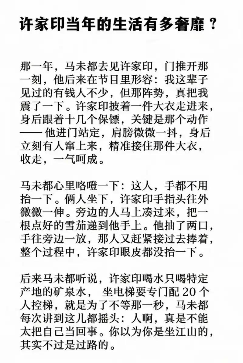 这段文字讲述了马未都拜访许家印时亲眼见到的奢华排场：许家印身后跟着十几个保镖，抖