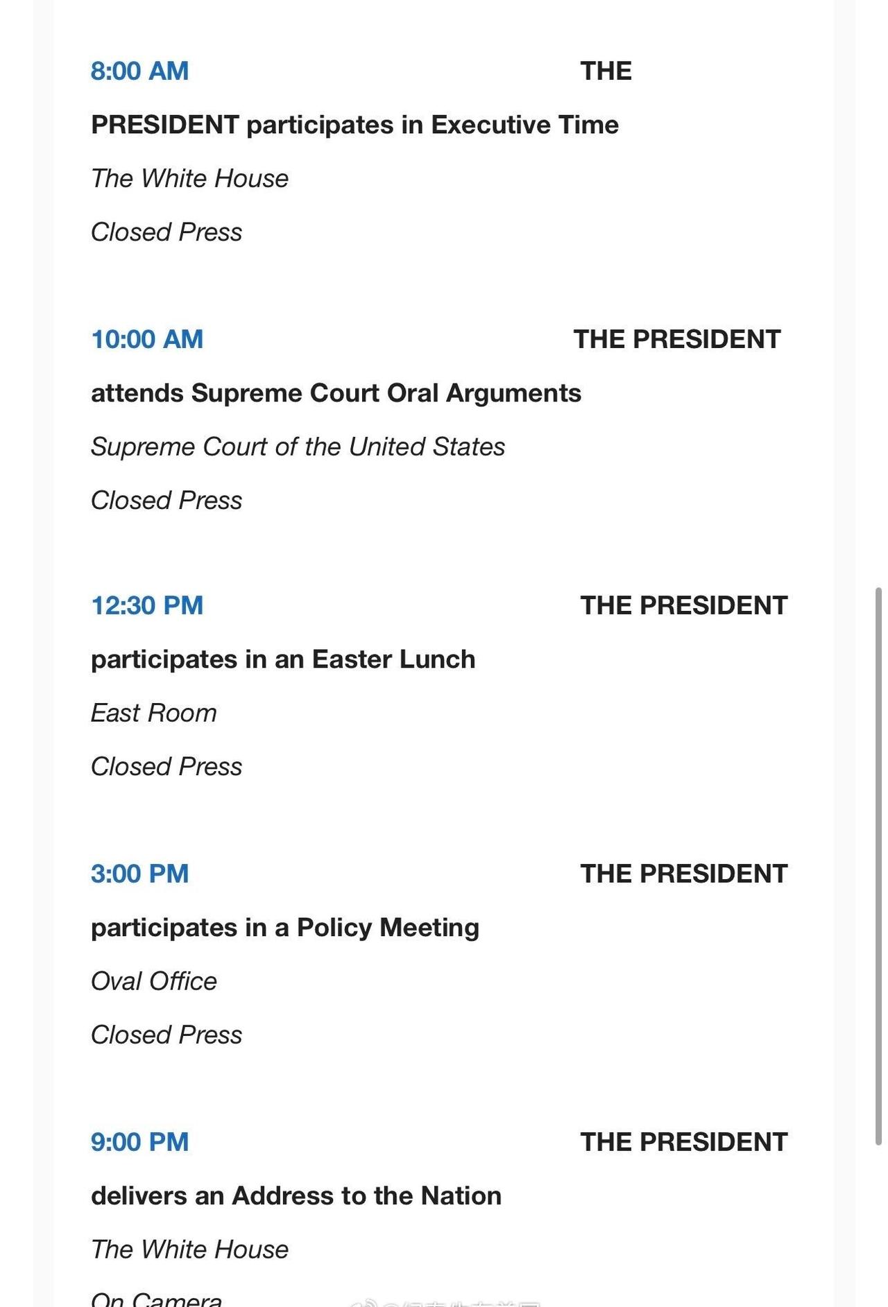 川普明日安排：

从早上8点开始。

早上要去旁听最高法院有关“出生公民权”的口
