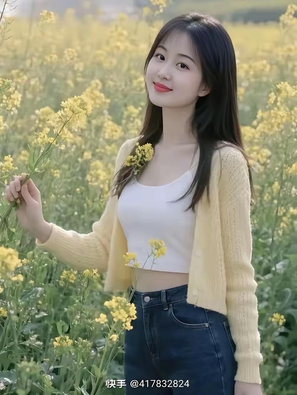 这姑娘在花田里赏花呢。