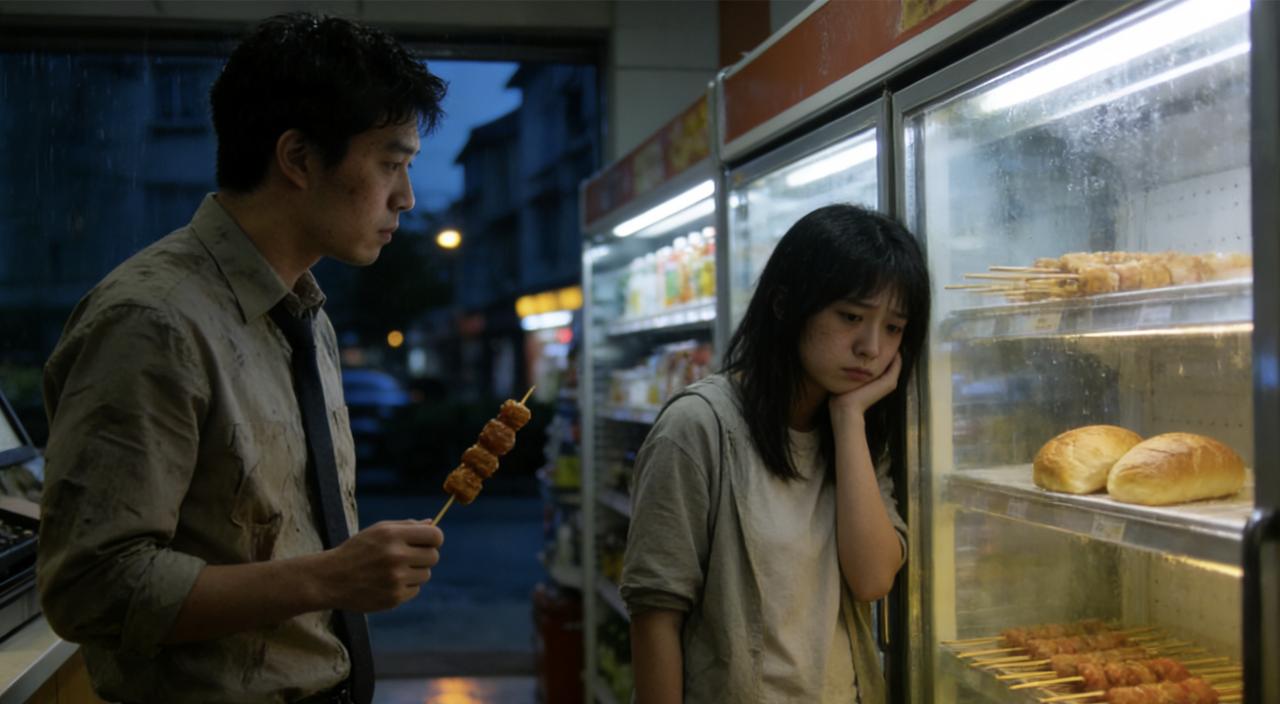 他加班到凌晨，在小区便利店买关东煮。收银台前站着一个女孩，正对着冷柜里最后两个面