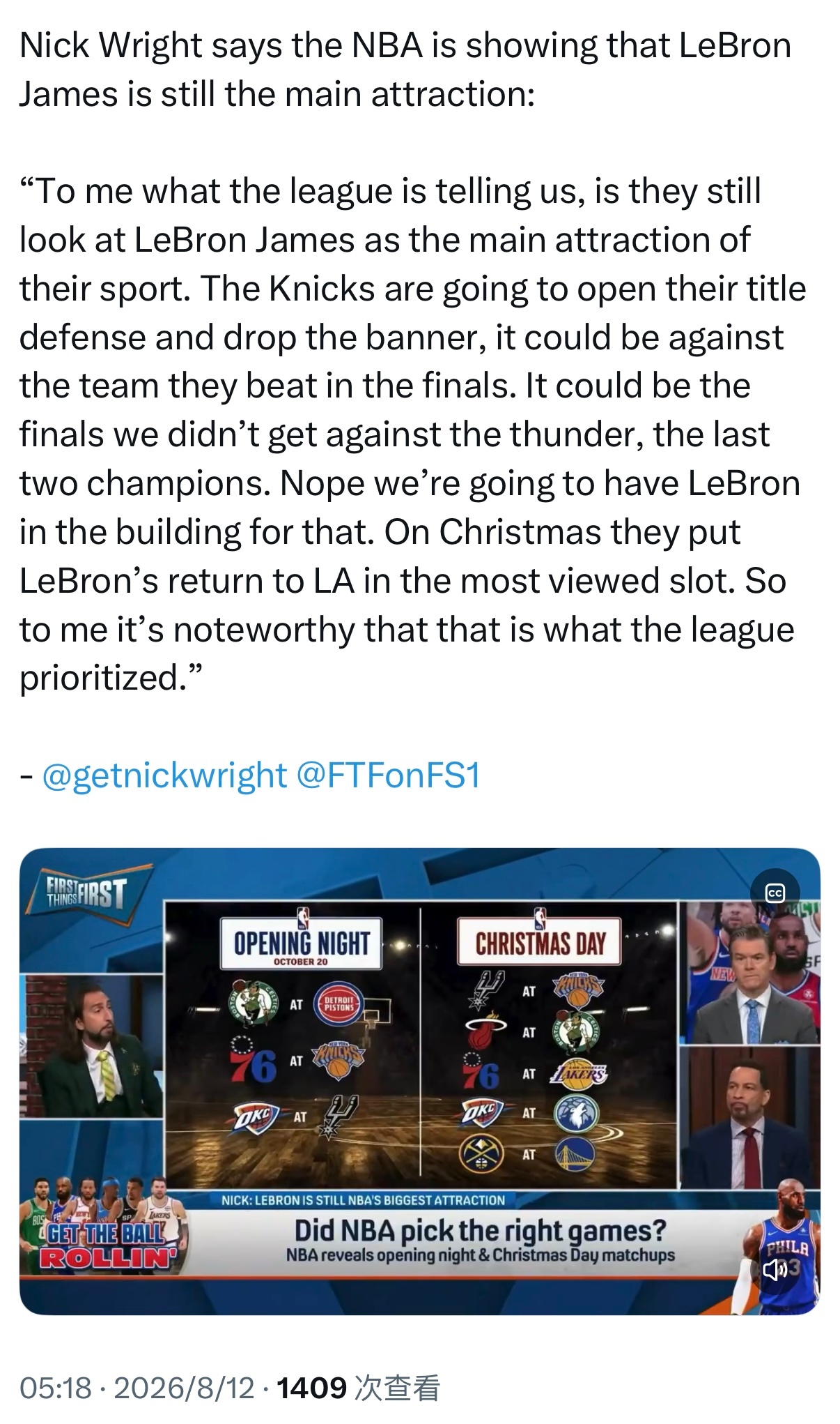 名嘴Nick Wright表示，NBA得赛程安排足以证明詹姆斯仍是最大看点：“在