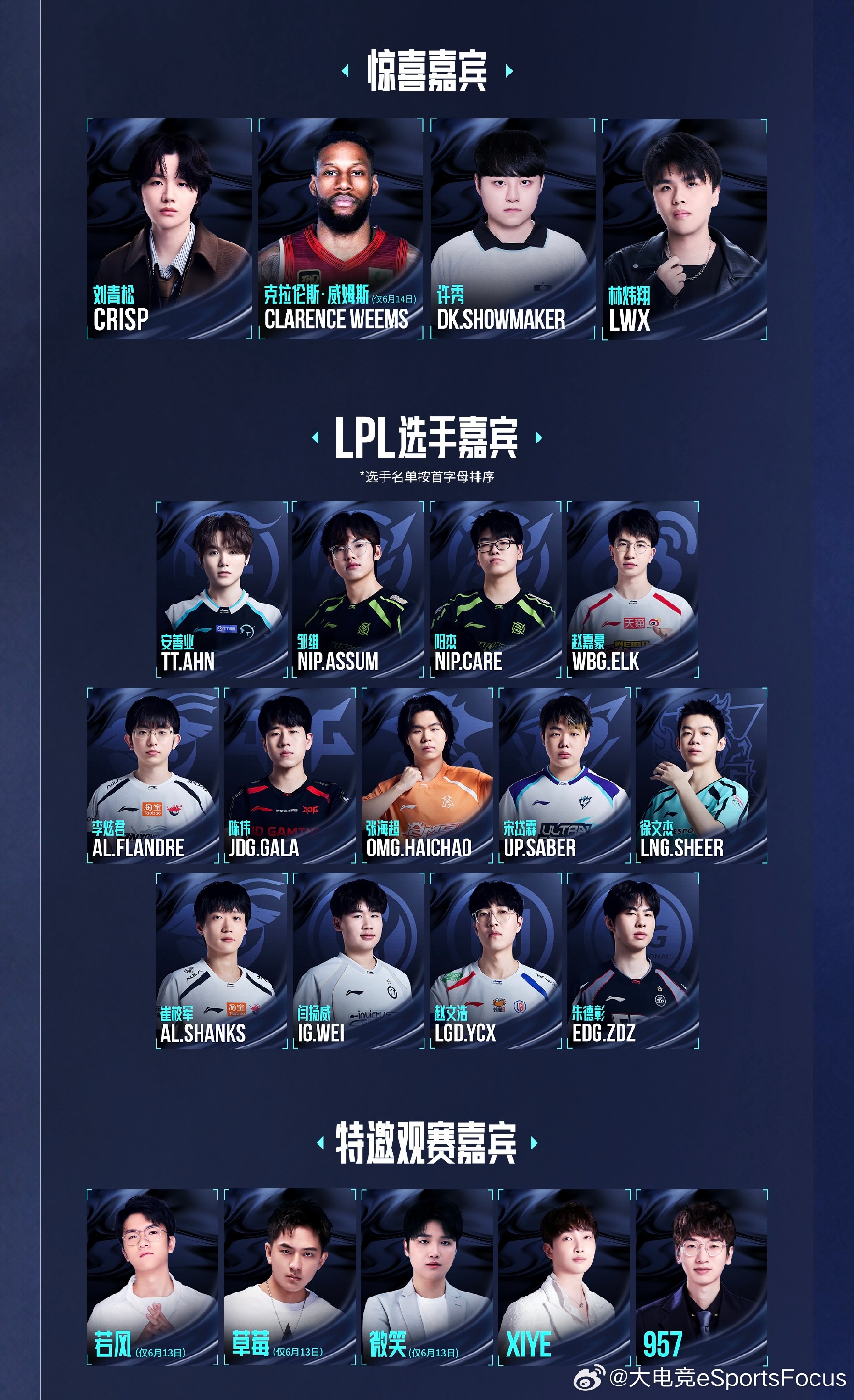 2026LPL第二赛段决赛外场嘉宾为：知名职业选手Crisp、ShowMaker