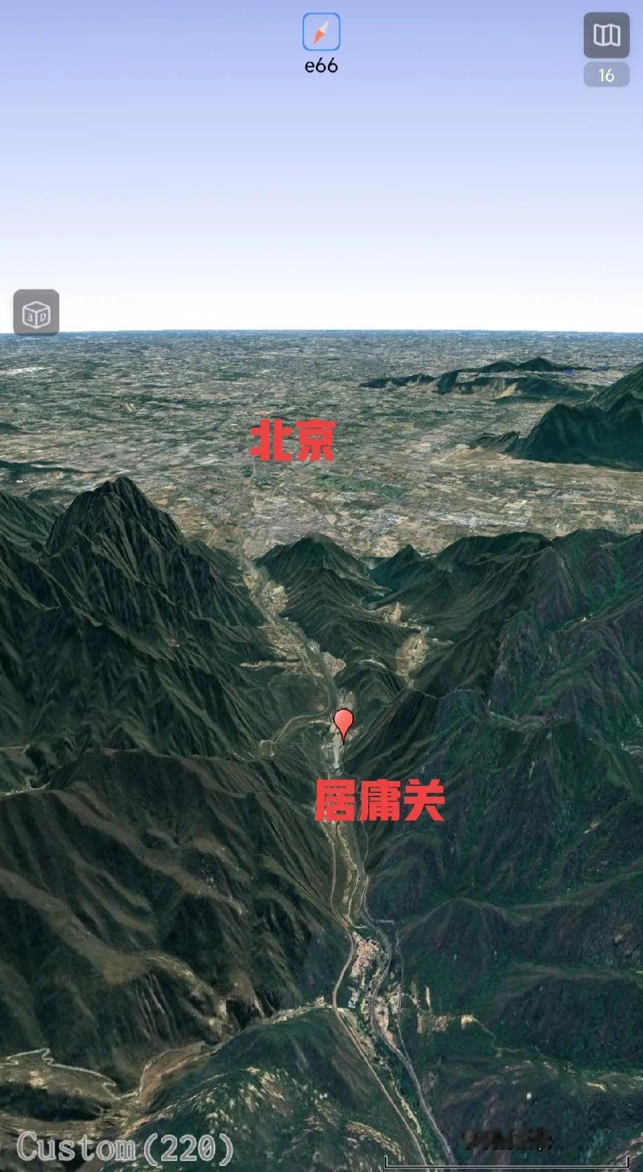 地图中红点的位置就是居庸关，向南穿过崇山峻岭，就是一马平川的北京城了。难怪李自成