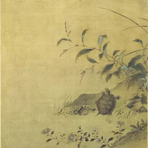宋 佚名 蓼龟图页 绢本。溪水岸边，泥坡碎石，红蓼吐蕊，野菊绽放。一只老龟缓缓爬