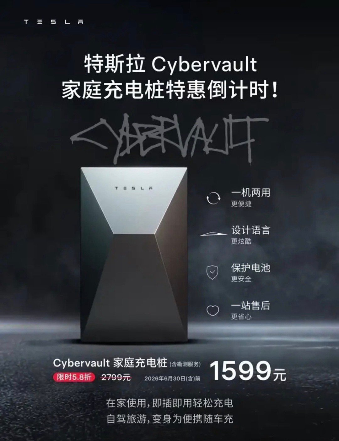 【特斯拉Cybervault家庭充电桩限时优惠 含勘测服务售1599元】近日，特