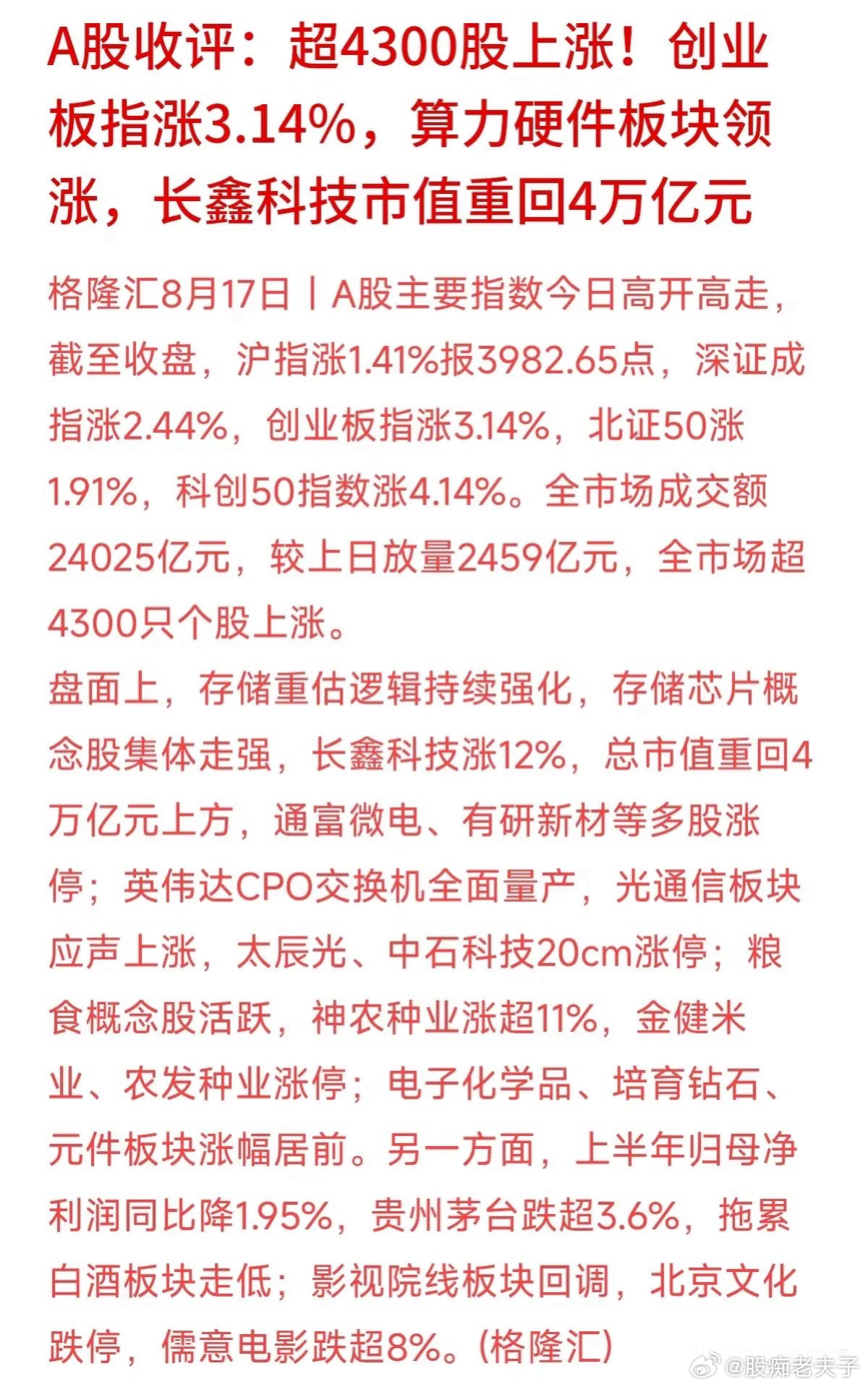 全场超4300只股票上涨，成交额砸出2.4万亿元！今天的A股给股民送上了一份大礼