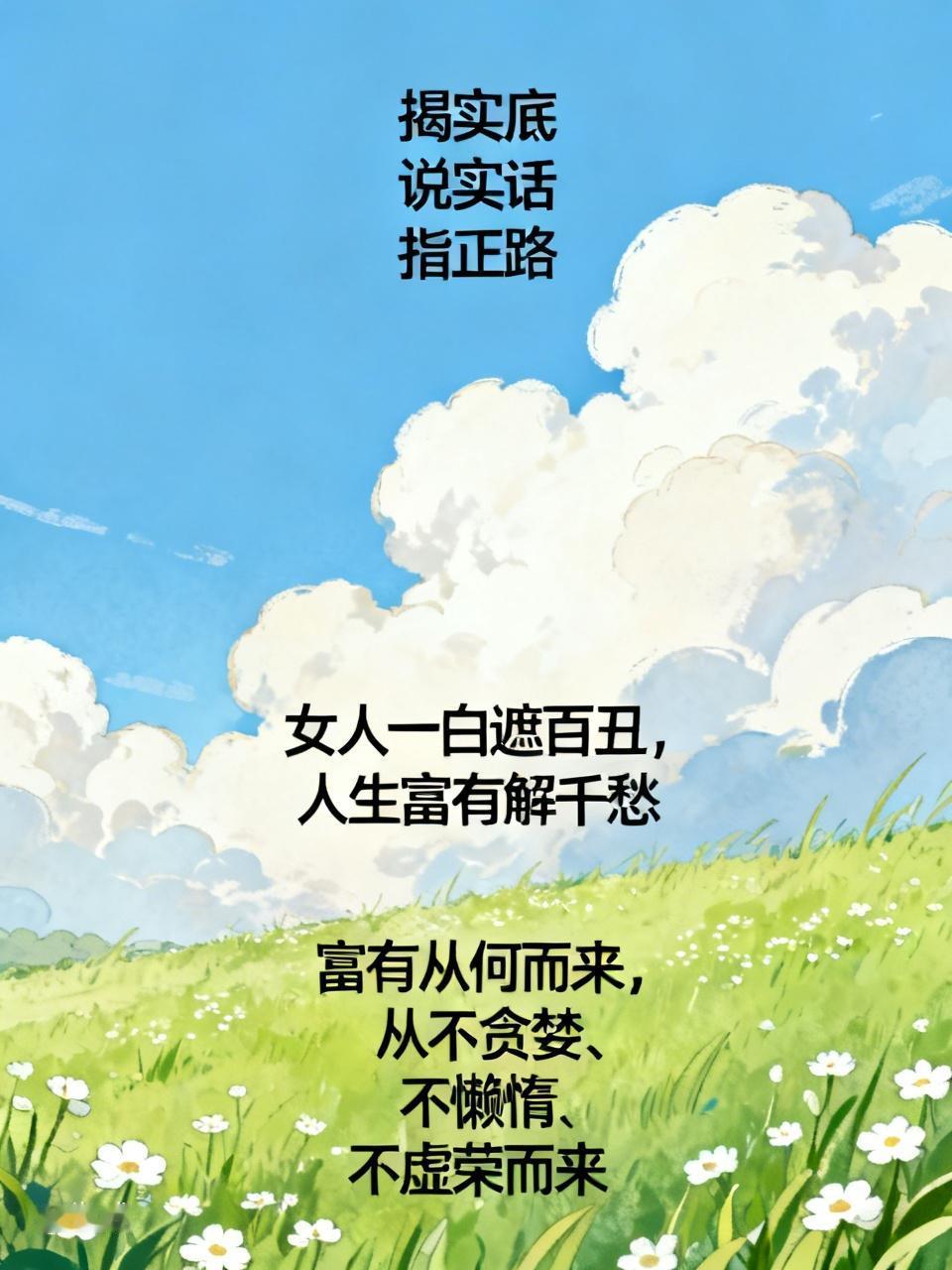 揭实底，说实话，指正路。女人一白遮百丑，人生富有解千愁。富有从何而来，从不贪婪、
