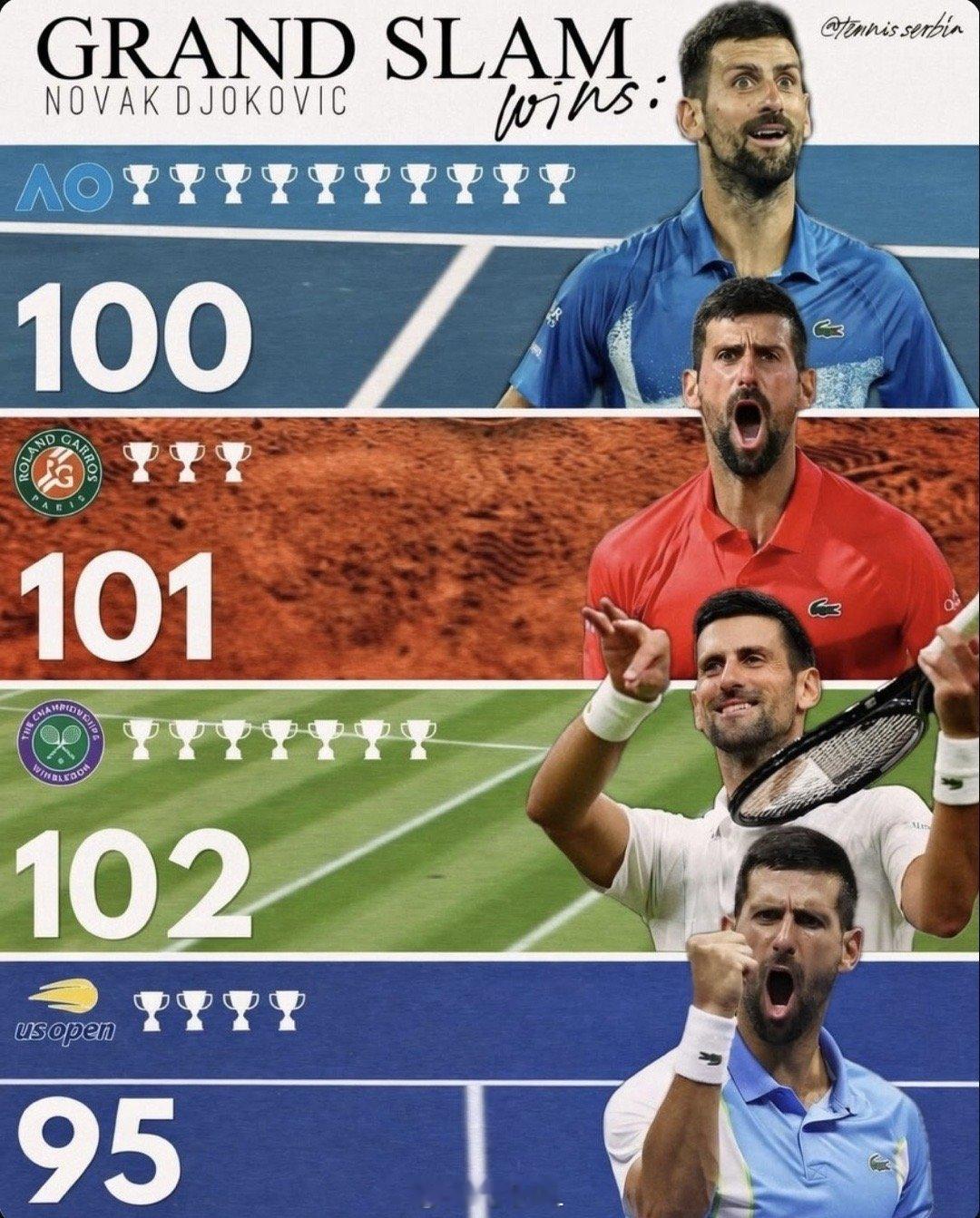 德约科维奇四大满贯胜场数👇澳网：100胜法网：101胜温网：102胜美网：95