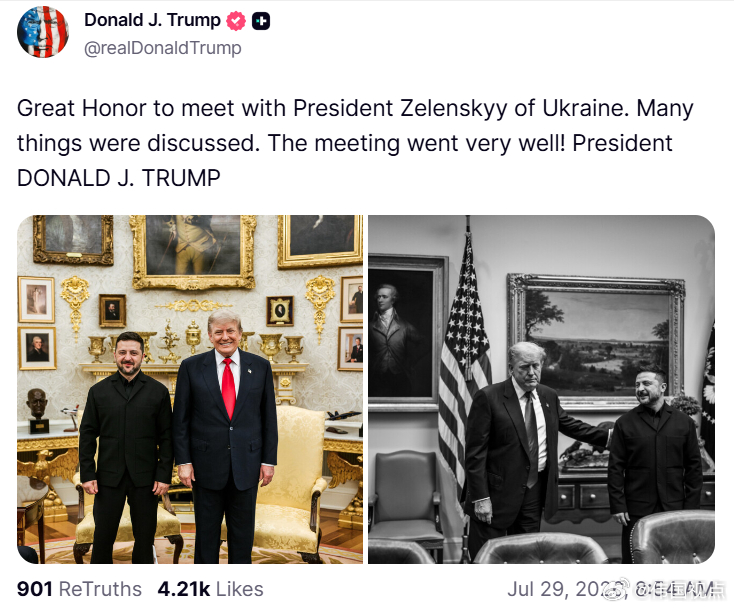 特朗普总统：非常荣幸会见乌克兰总统弗拉基米尔·泽连斯基。我们讨论了许多事项，这次