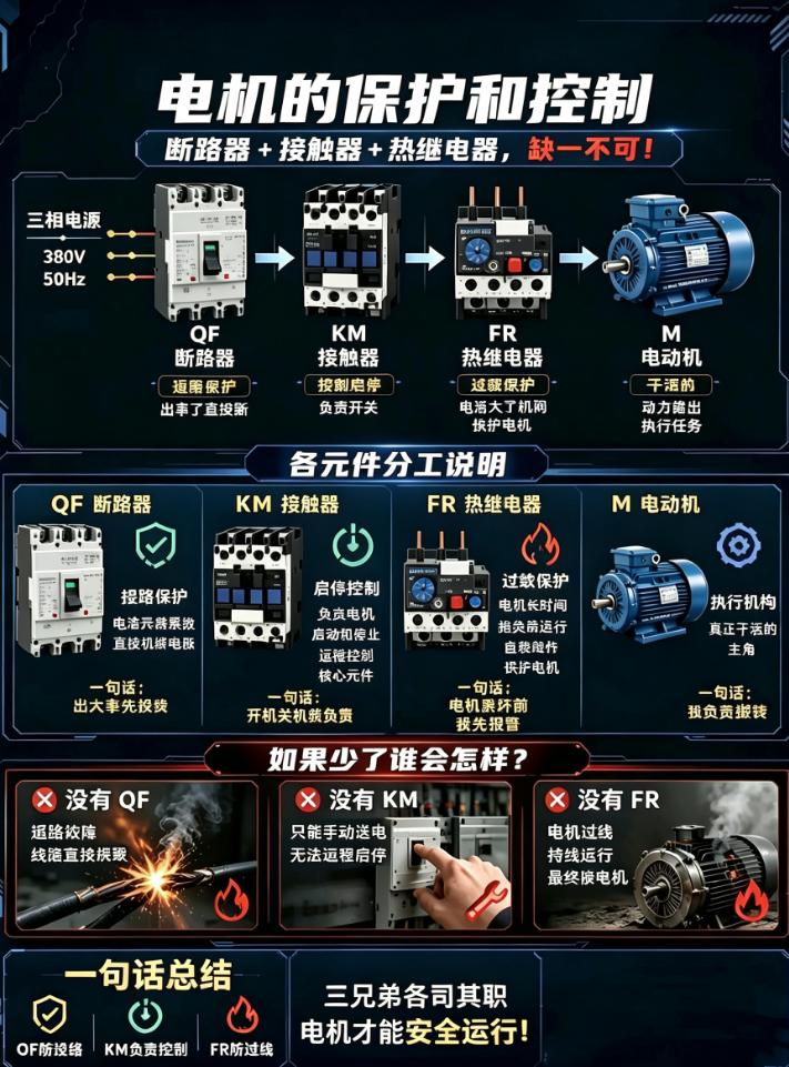 电机、炸断路器？搞懂这“铁三角”，电机绝不轻易烧毁！⚡
干电工的兄弟，是不是最怕