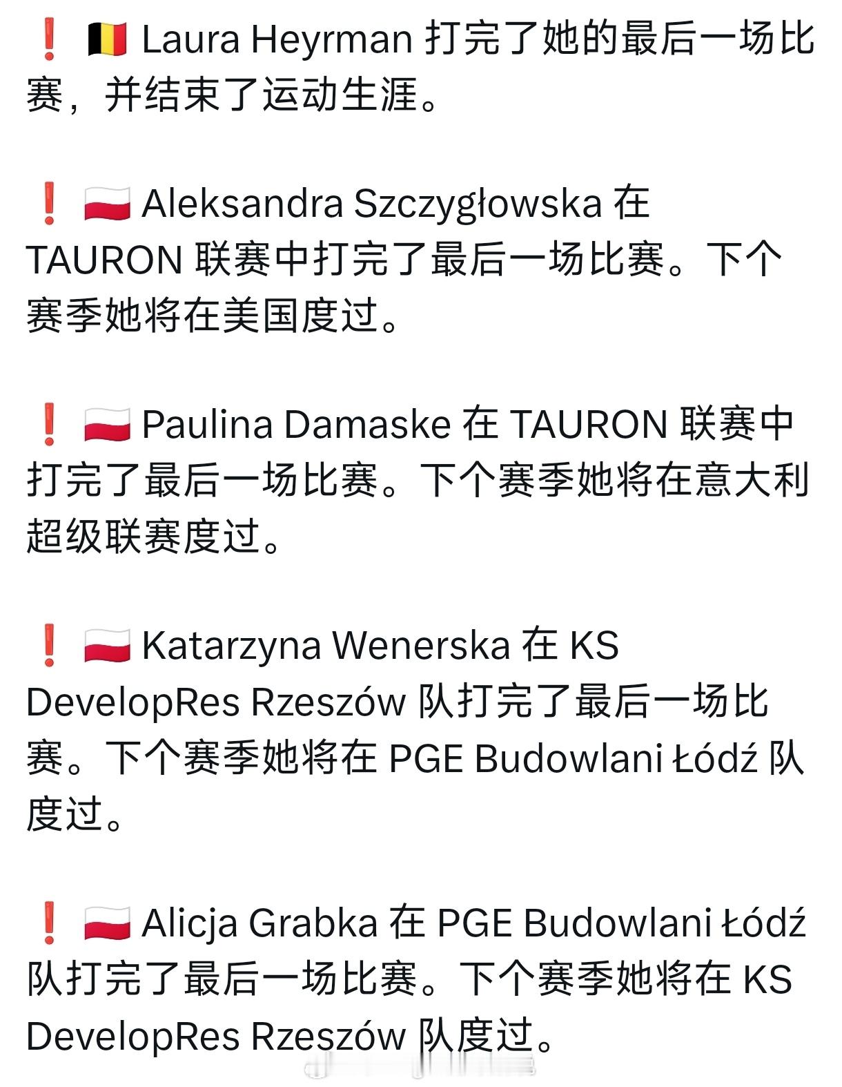 本赛季波超球队一些球员的去向。背飞女皇，比利时副攻海尔曼退役了。小钢炮达玛斯克去