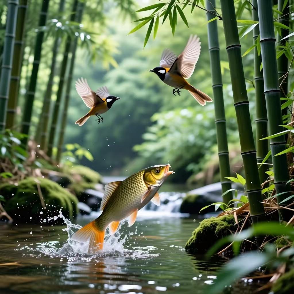 上联:鱼跃清溪里，诚邀下联鸟鸣翠竹间。